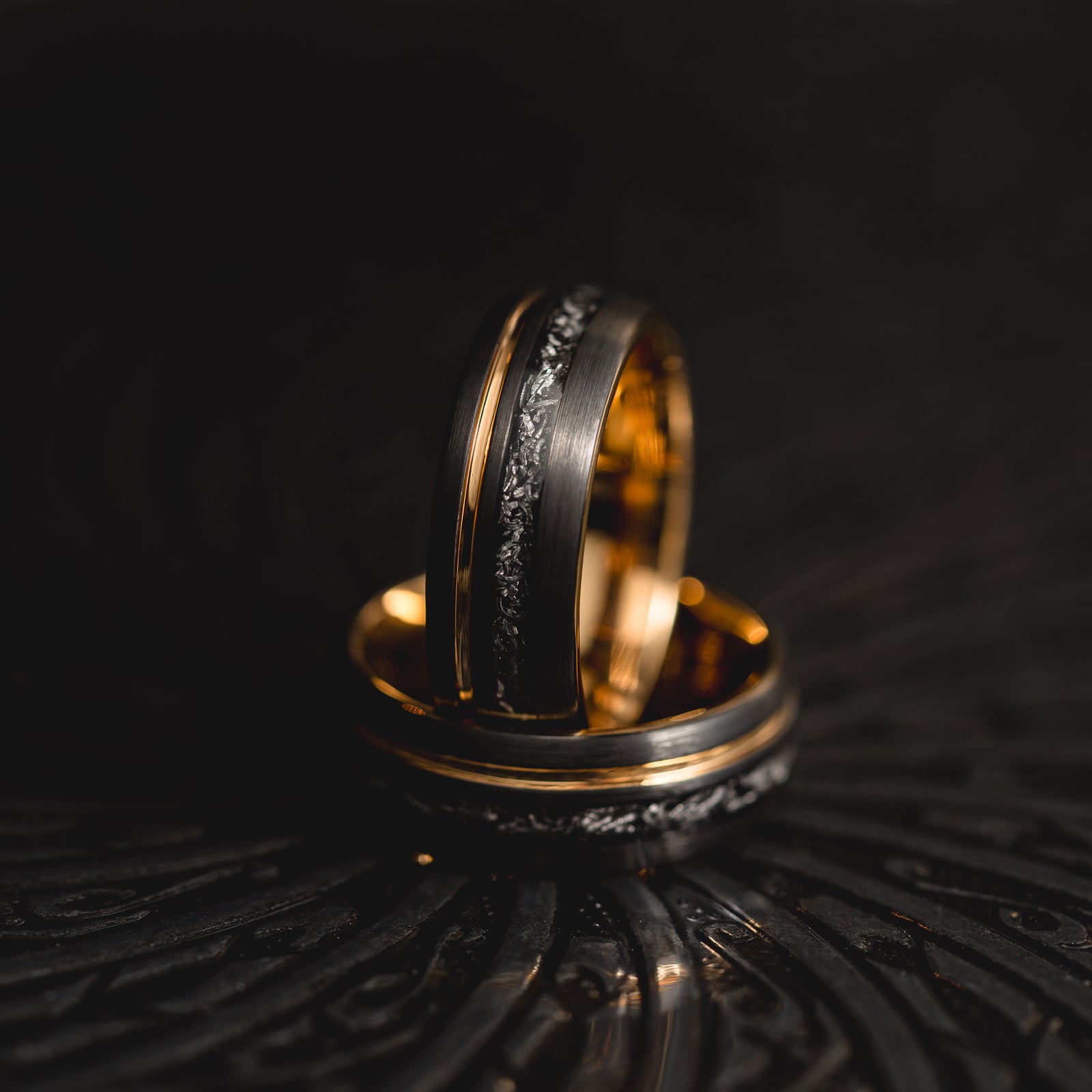 "Dionysus" Meteorite Black/Yellow Gold Tungsten Ring