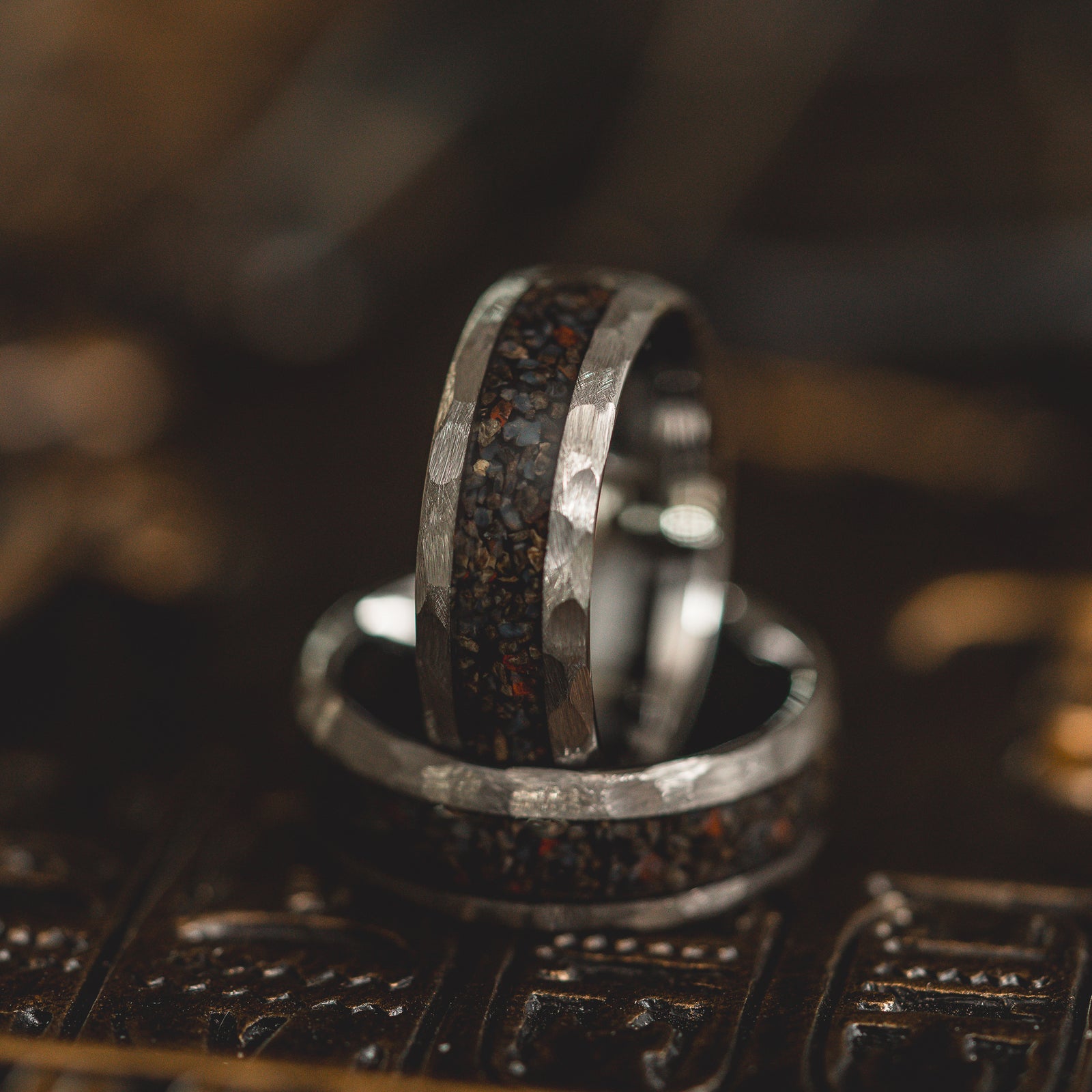 "HellCreek Ember" Dinosaur Bone x Hammered Tungsten Carbide- Silver