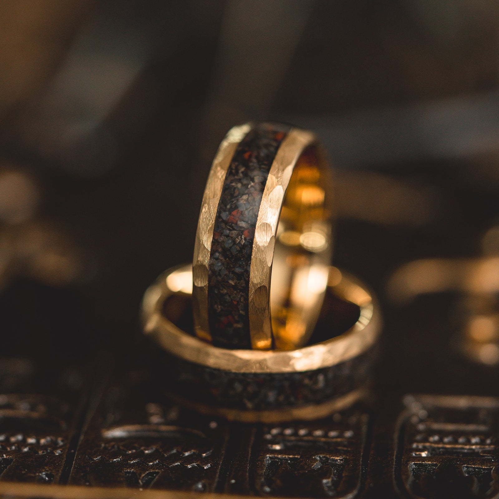 "HellCreek Ember" Dinosaur Bone x Hammered Tungsten Carbide- Gold