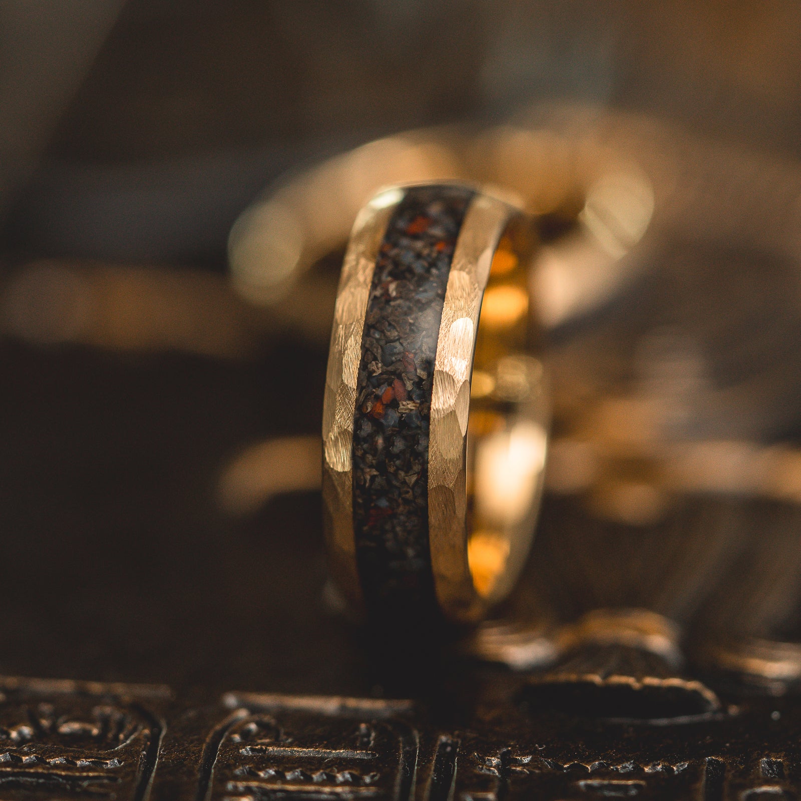 "HellCreek Ember" Dinosaur Bone x Hammered Tungsten Carbide- Gold