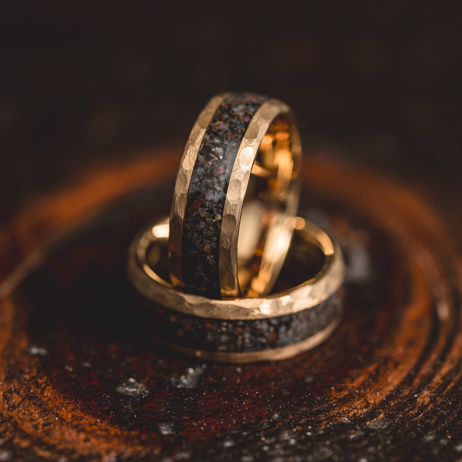 "HellCreek Ember" Dinosaur Bone x Hammered Tungsten Carbide- Gold