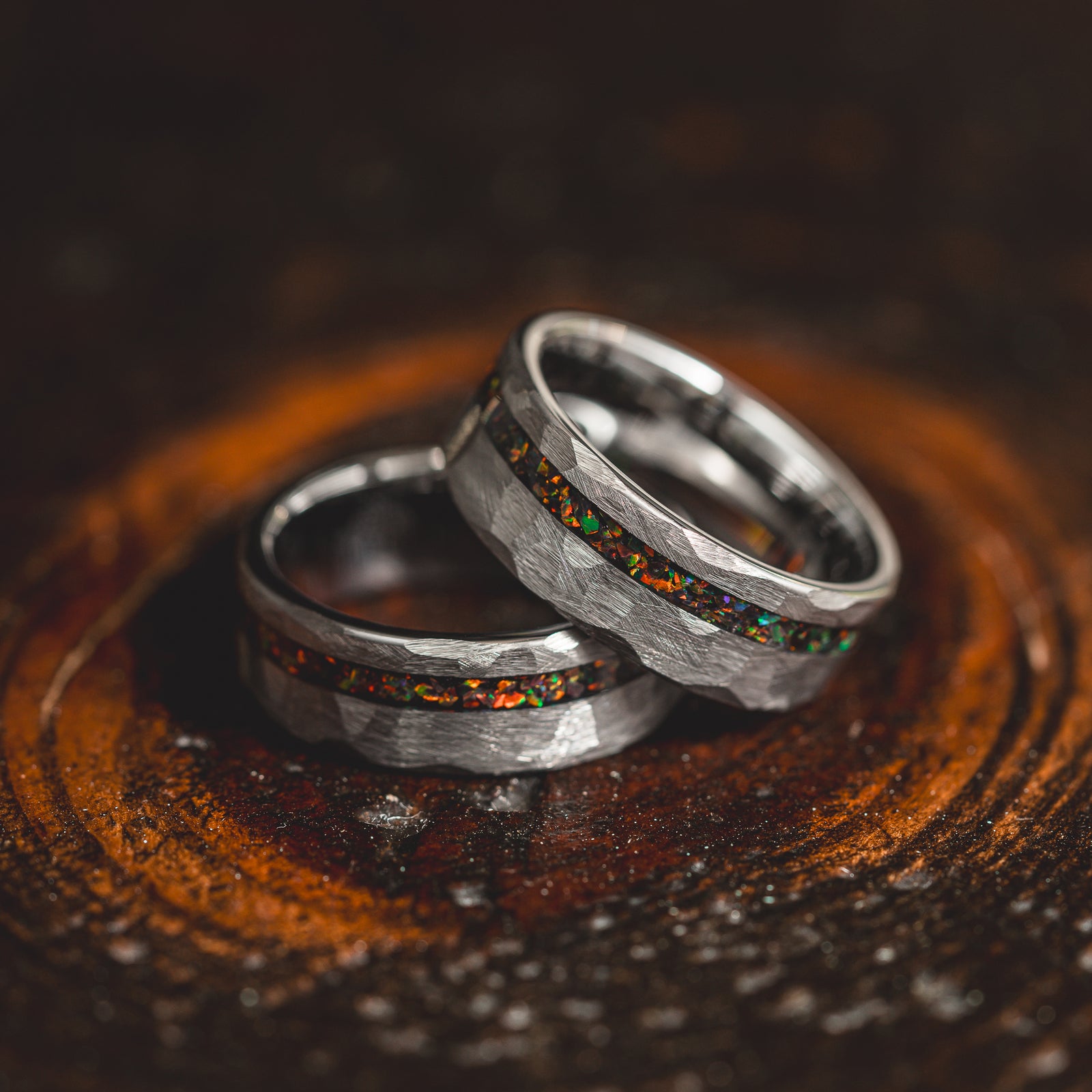 "Fire Root" Rasta Opal x Brushed Hammered Tungsten Carbide- Silver