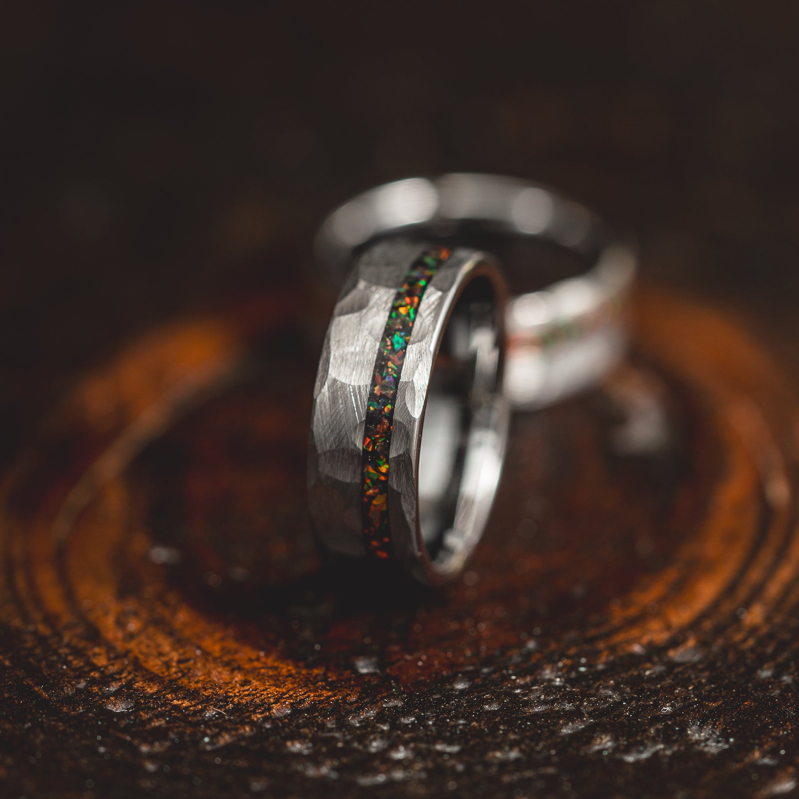 "Fire Root" Rasta Opal x Brushed Hammered Tungsten Carbide- Silver
