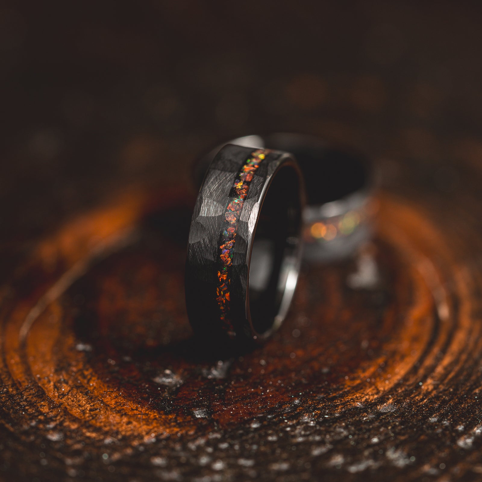 "Fire Root" Rasta Opal x Brushed Hammered Tungsten Carbide- Black