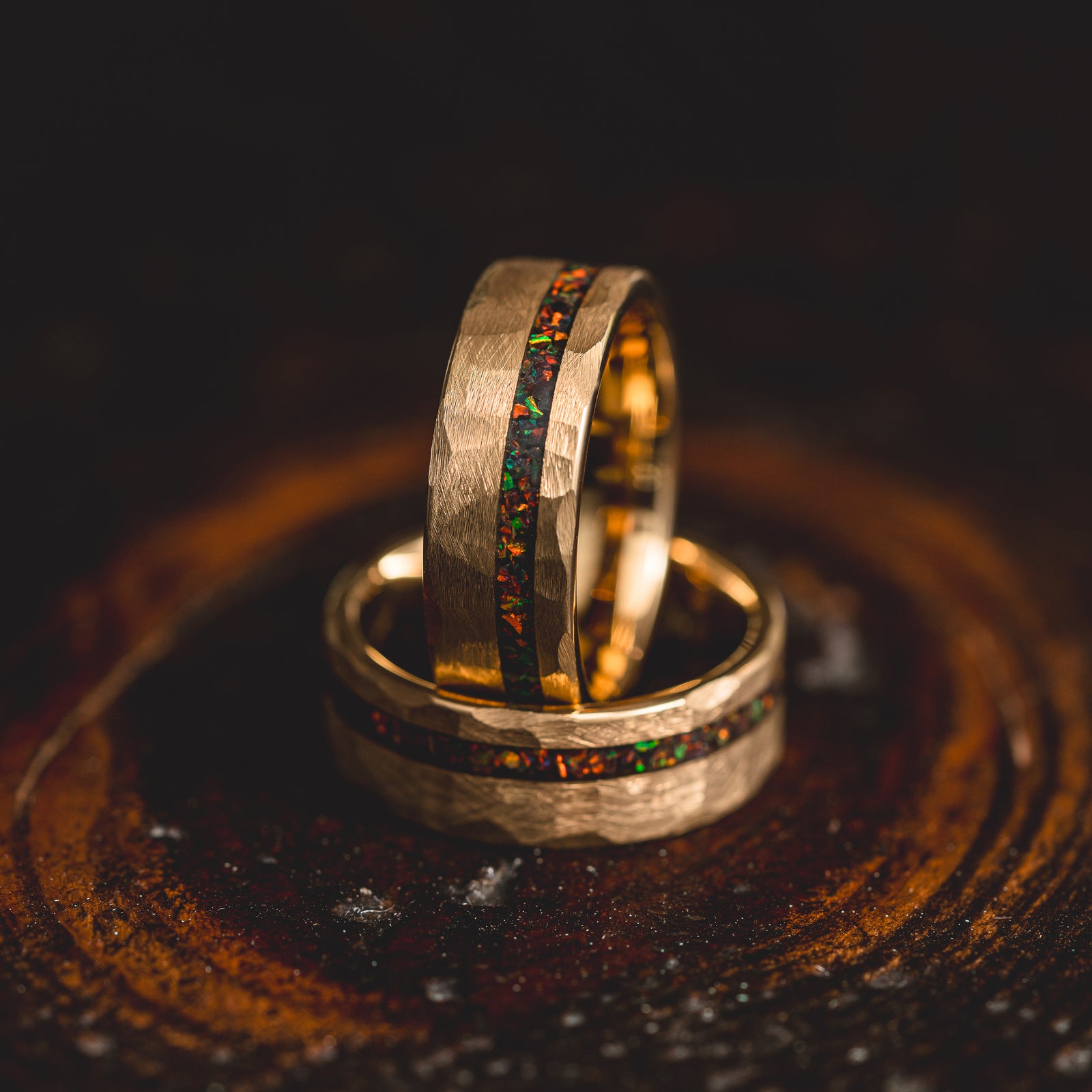 "Fire Root" Rasta Opal x Brushed Hammered Tungsten Carbide- Gold