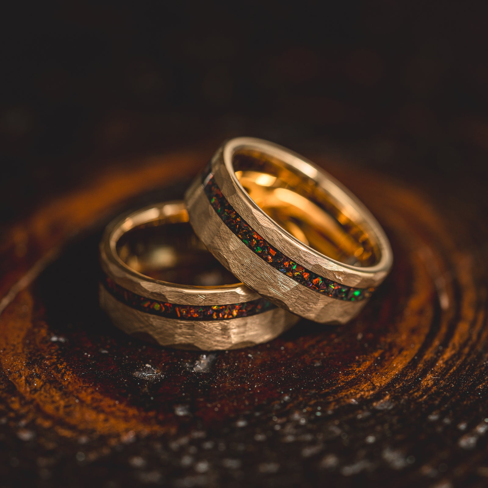 "Fire Root" Rasta Opal x Brushed Hammered Tungsten Carbide- Gold