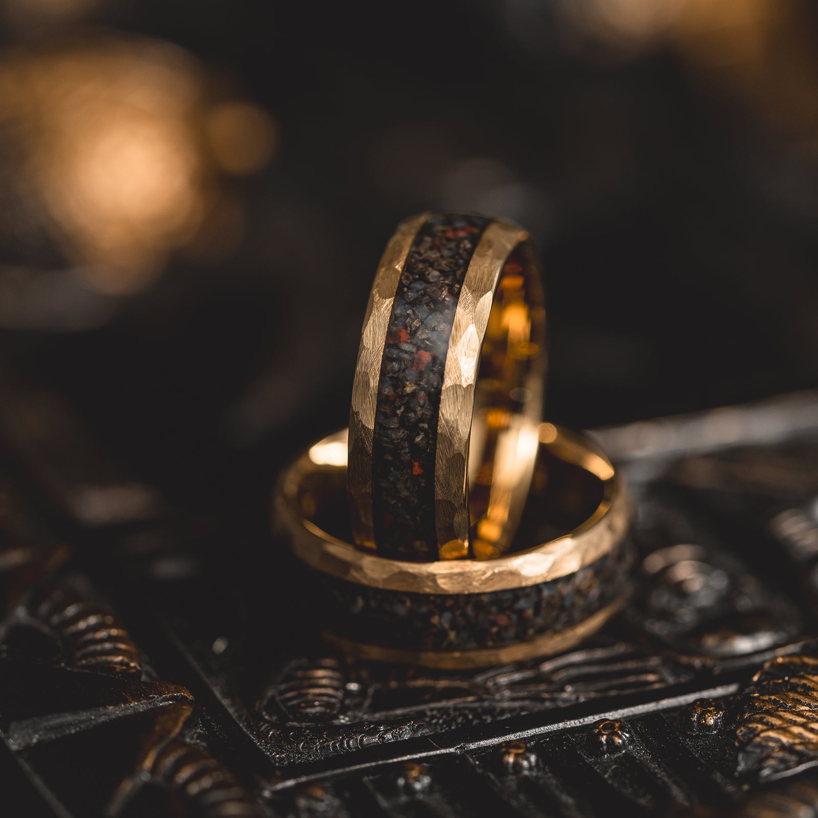 "HellCreek Ember" Dinosaur Bone x Hammered Tungsten Carbide- Gold