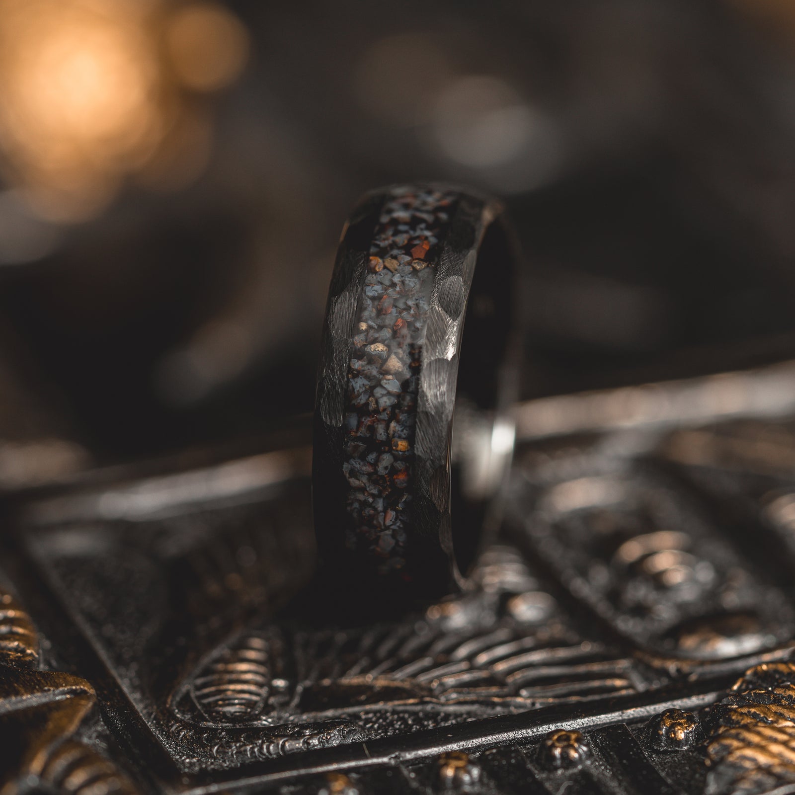 "HellCreek Ember" Dinosaur Bone x Hammered Tungsten Carbide- Black