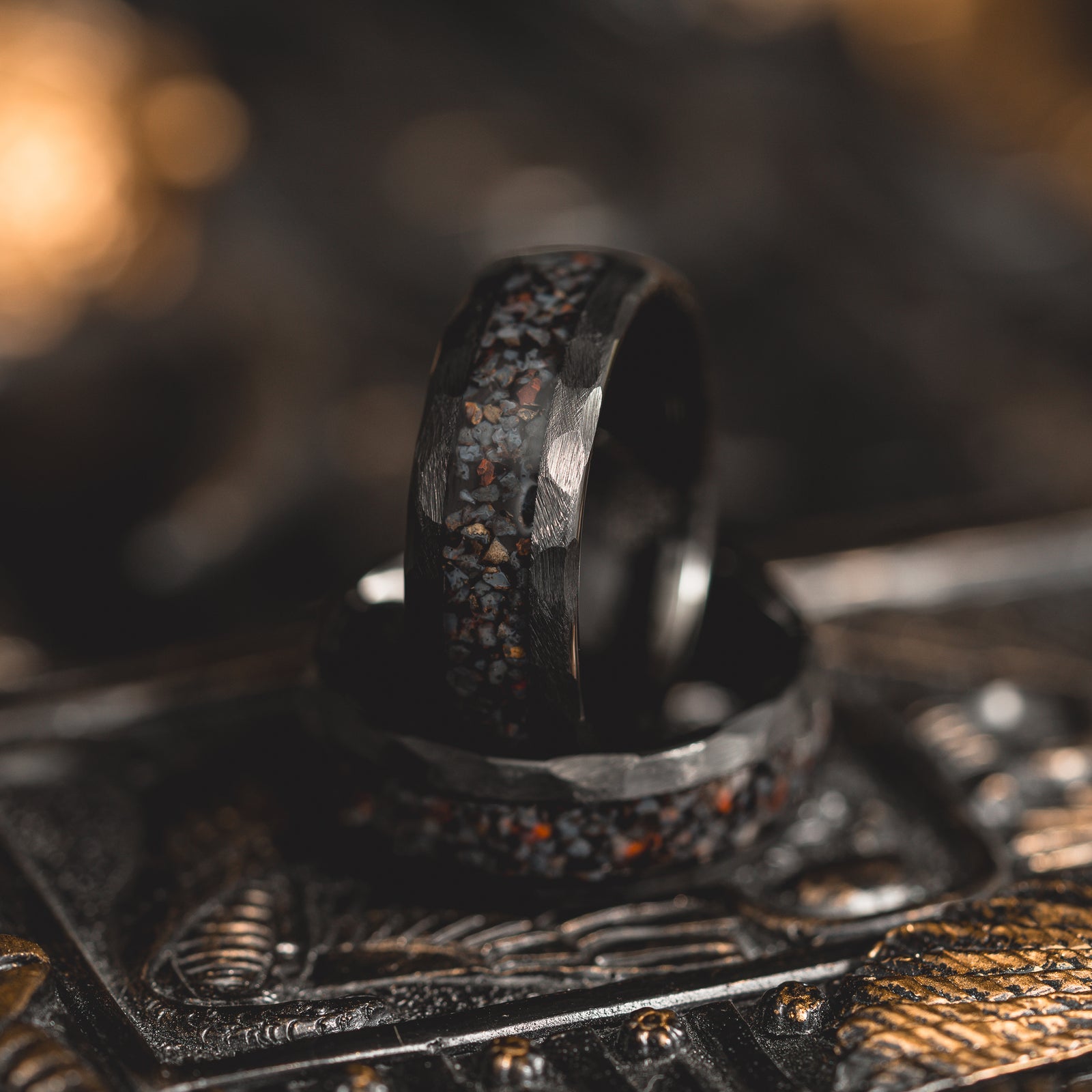 "HellCreek Ember" Dinosaur Bone x Hammered Tungsten Carbide- Black