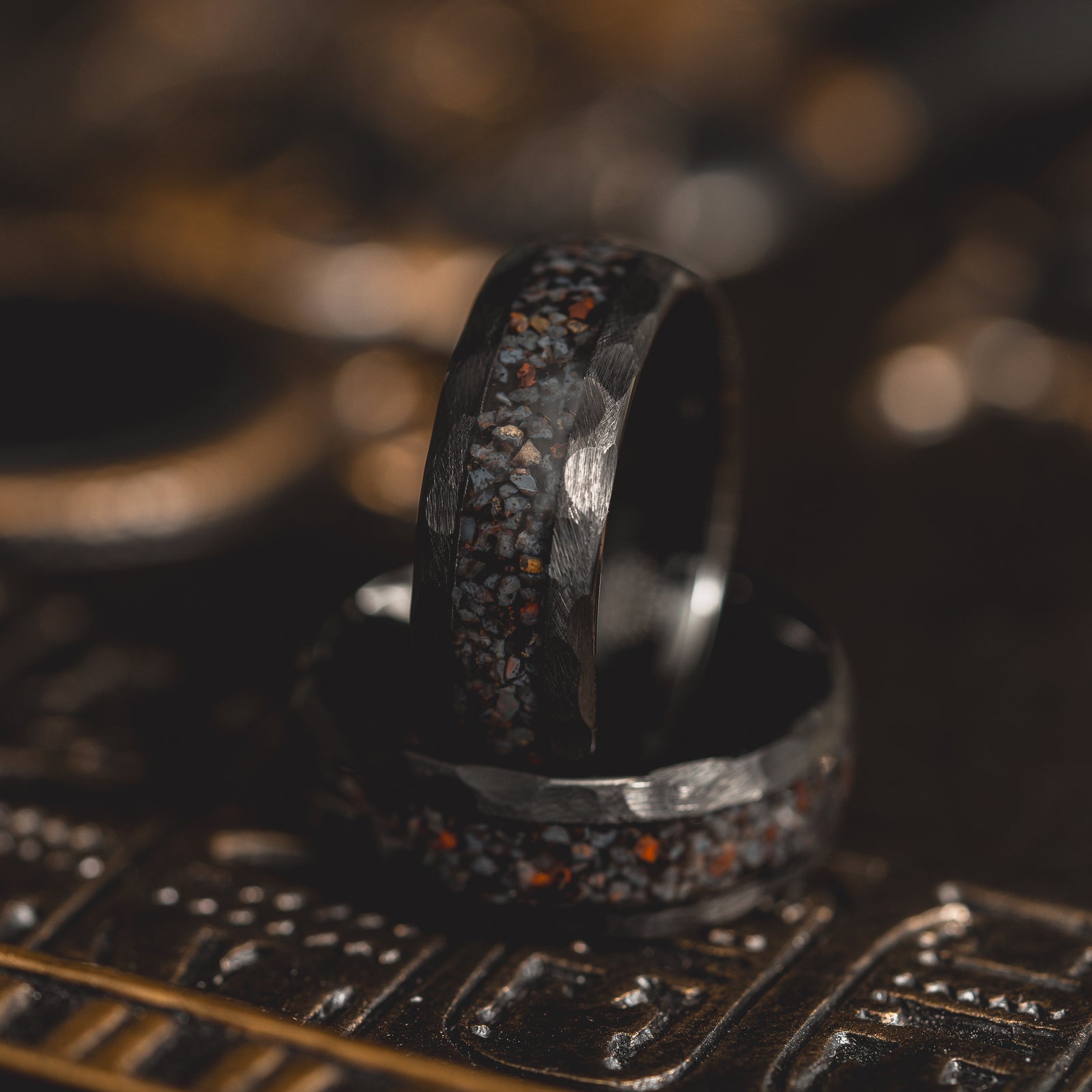 "HellCreek Ember" Dinosaur Bone x Hammered Tungsten Carbide- Black