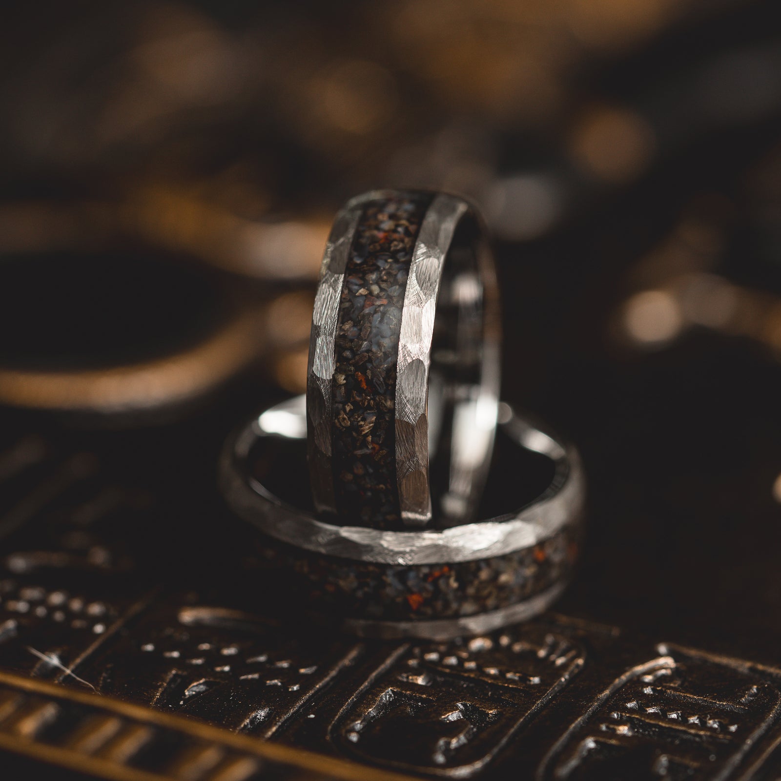 "HellCreek Ember" Dinosaur Bone x Hammered Tungsten Carbide- Silver