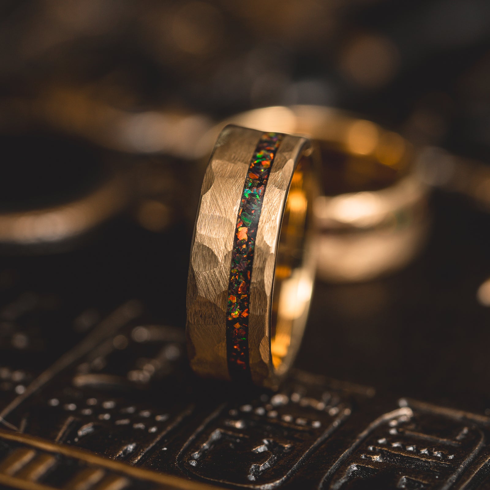 "Fire Root" Rasta Opal x Brushed Hammered Tungsten Carbide- Gold