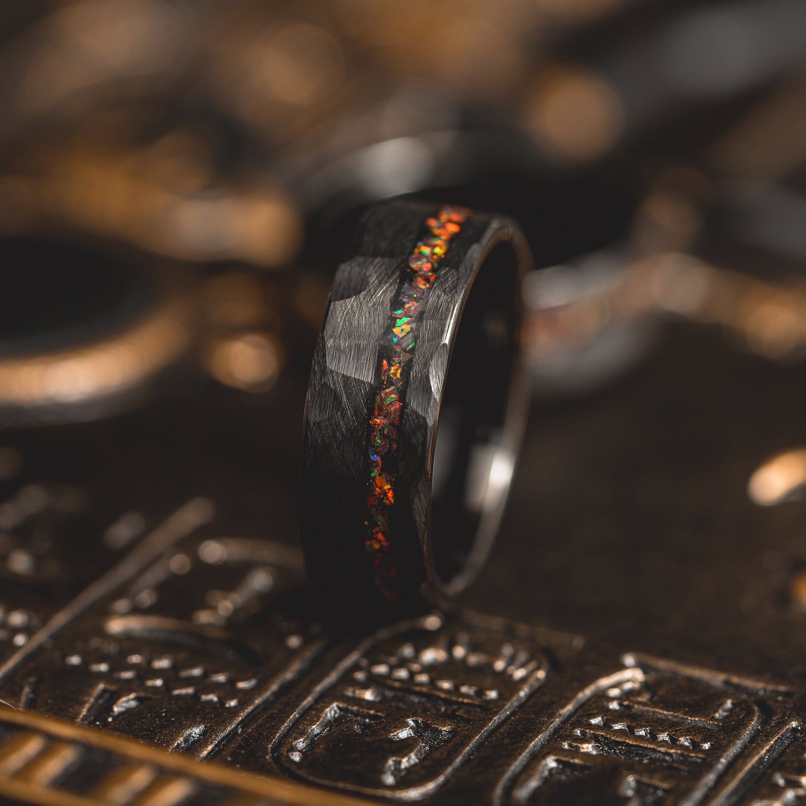 "Fire Root" Rasta Opal x Brushed Hammered Tungsten Carbide- Black