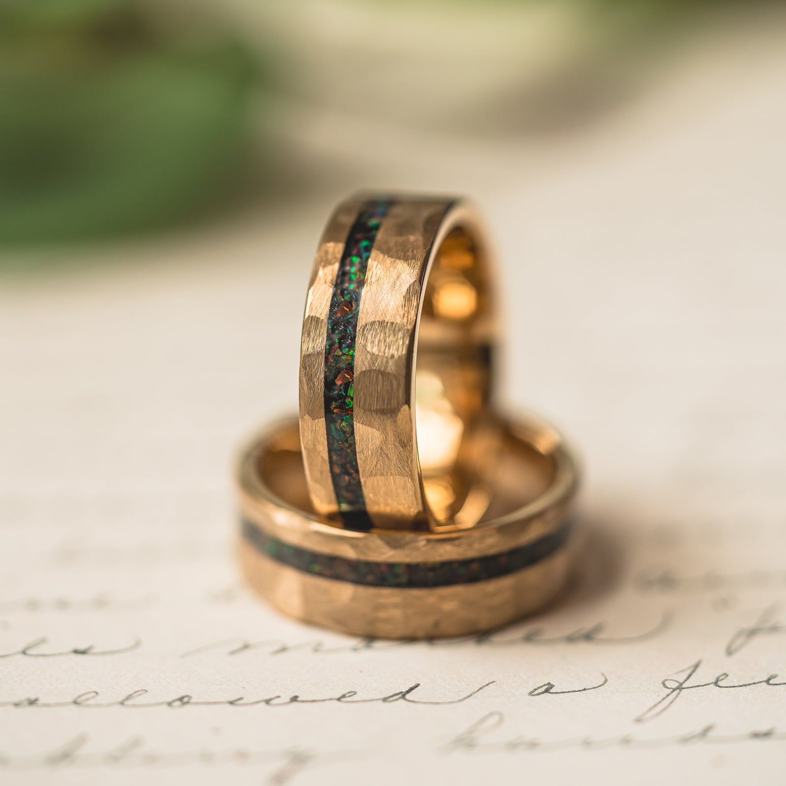 "Fire Root" Rasta Opal x Brushed Hammered Tungsten Carbide- Gold