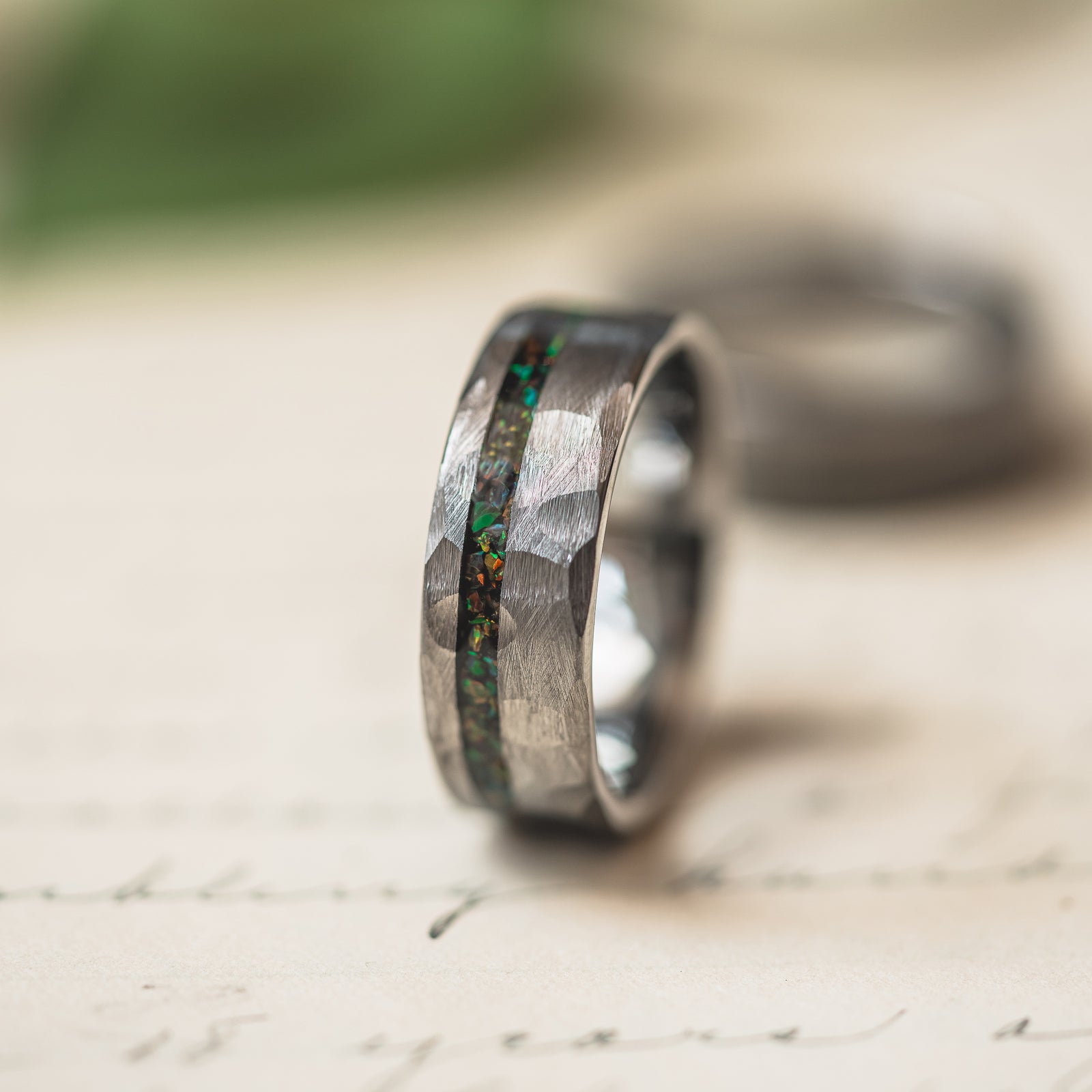 "Fire Root" Rasta Opal x Brushed Hammered Tungsten Carbide- Silver