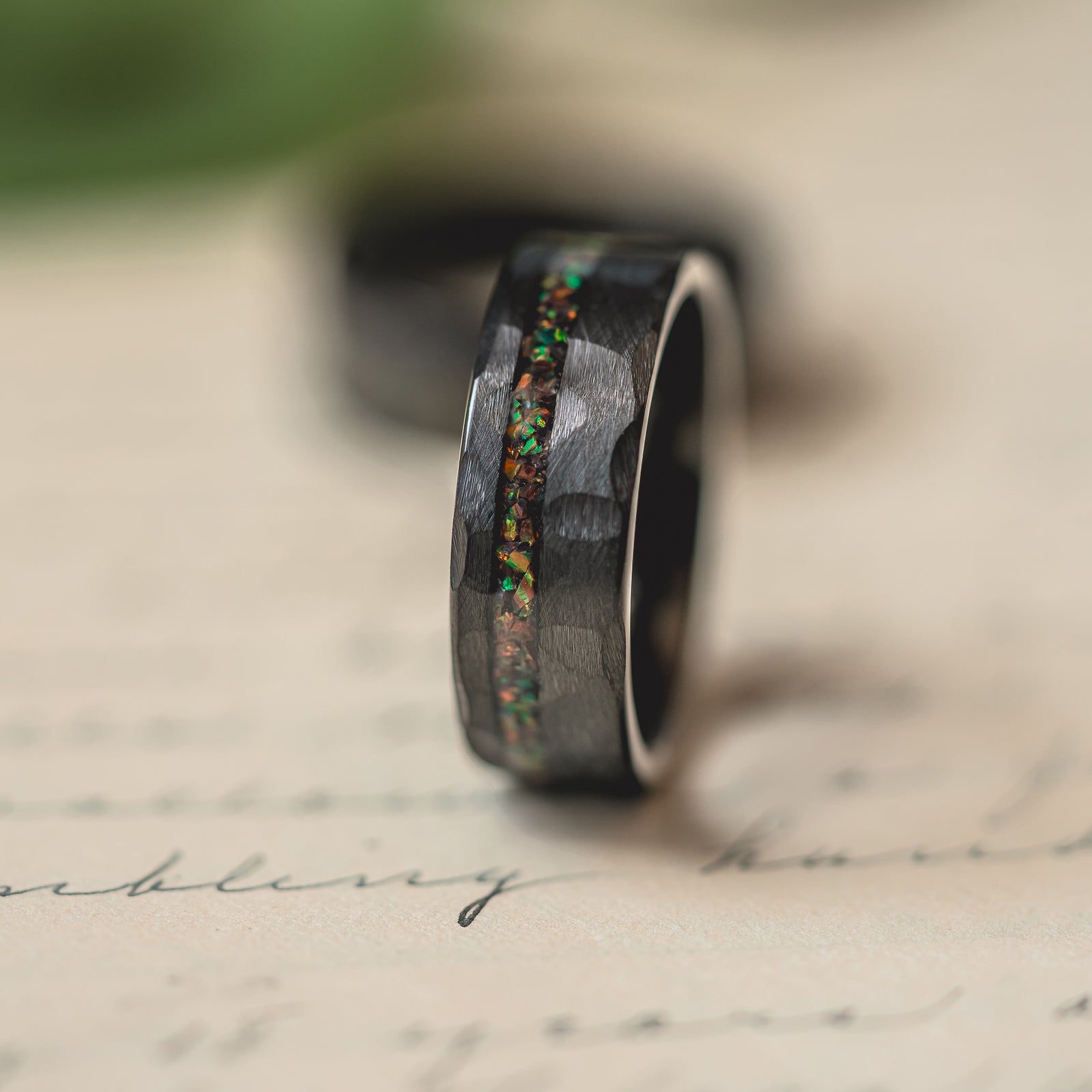 "Fire Root" Rasta Opal x Brushed Hammered Tungsten Carbide- Black