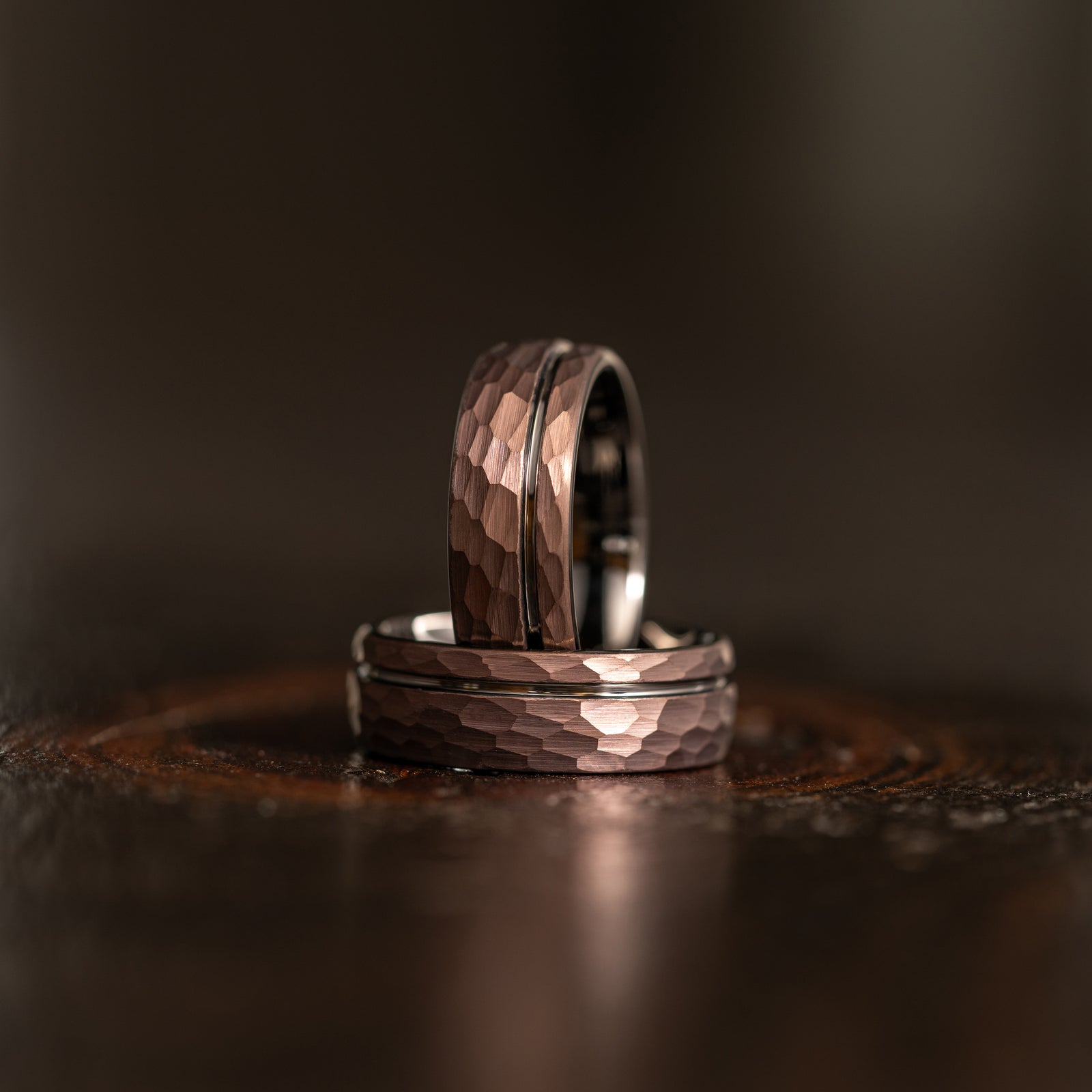 "Zeus" Hammered Tungsten Carbide Ring- Coffee with Gunmetal