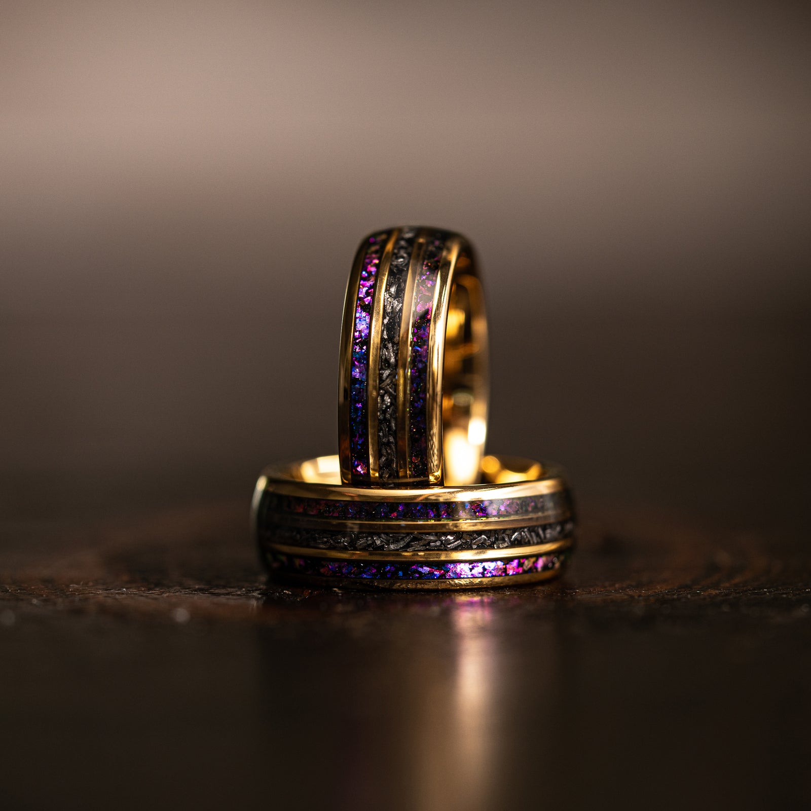 "Dionysus" Domed Nebula Ring- Meteorite and Opal- Gold 8mm