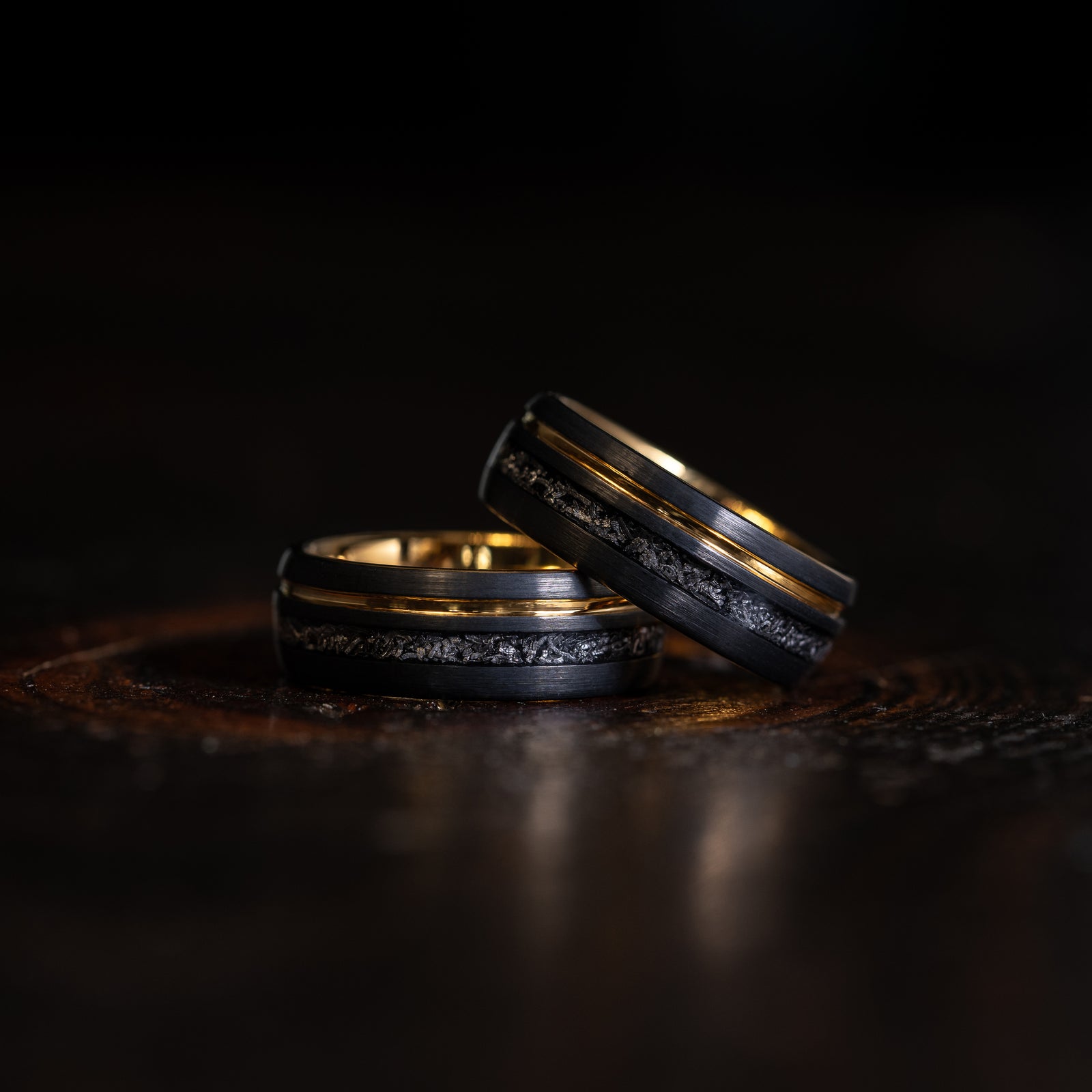 "Dionysus" Meteorite Black/Yellow Gold Tungsten Ring