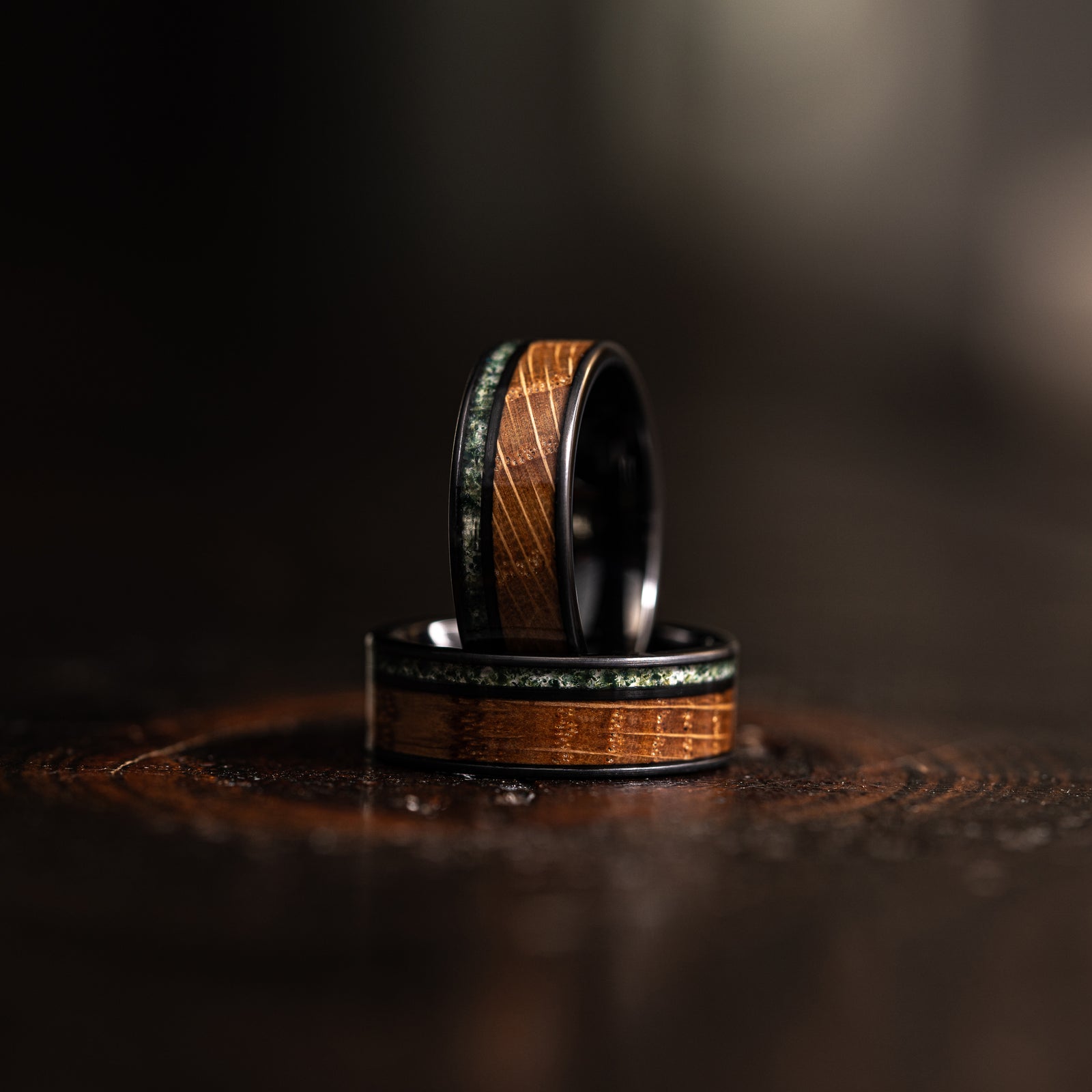 "Atlas" Whisky Barrel x Moss Agate Black Tungsten Ring