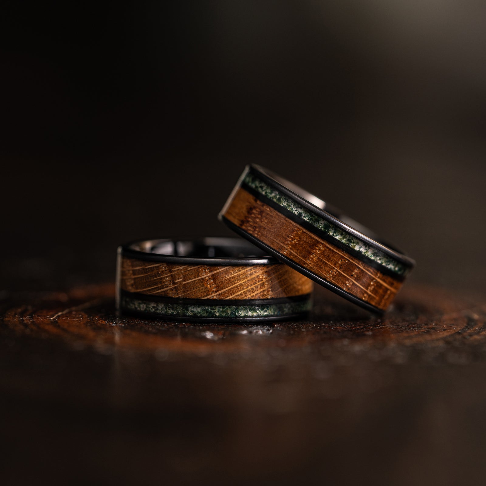 "Atlas" Whisky Barrel x Moss Agate Black Tungsten Ring