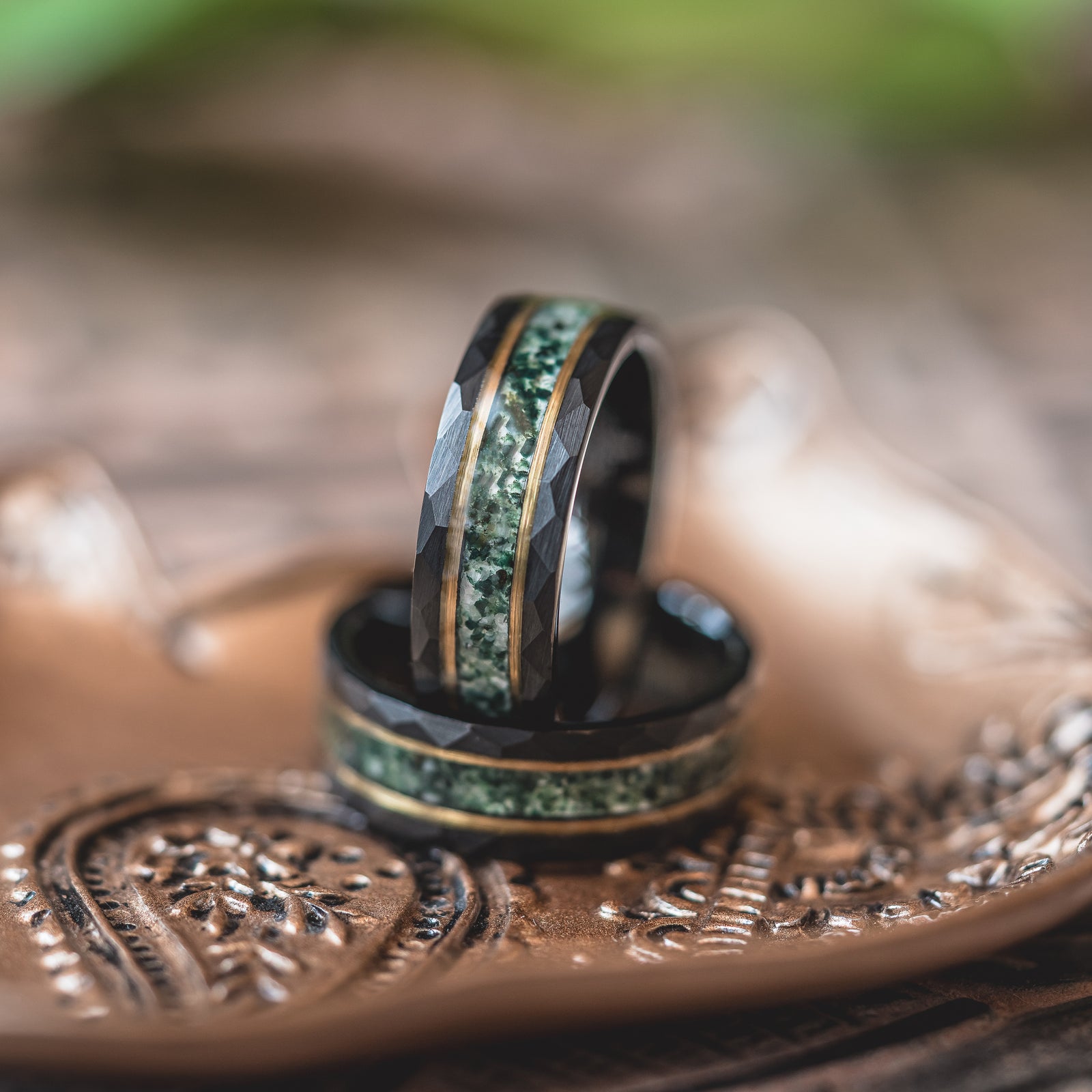 "Verdant Hollow" Moss Agate x Emerald x Black/Gold Tungsten