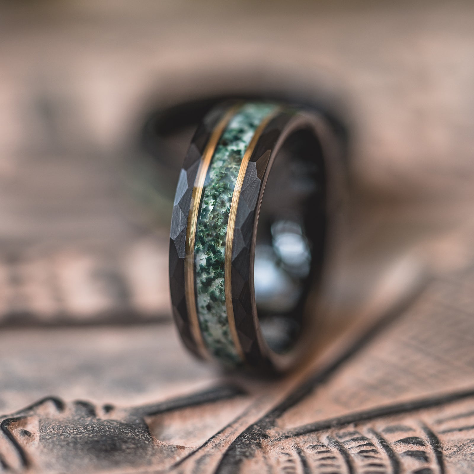 "Verdant Hollow" Moss Agate x Emerald x Black/Gold Tungsten