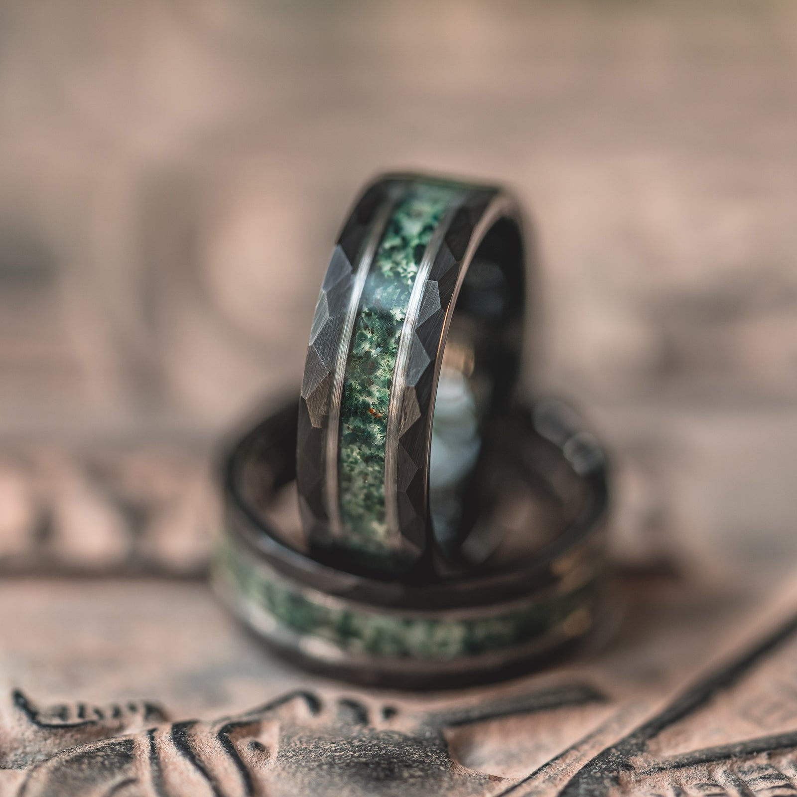 "Verdant Hollow" Moss Agate x Emerald x Black/Silver Tungsten
