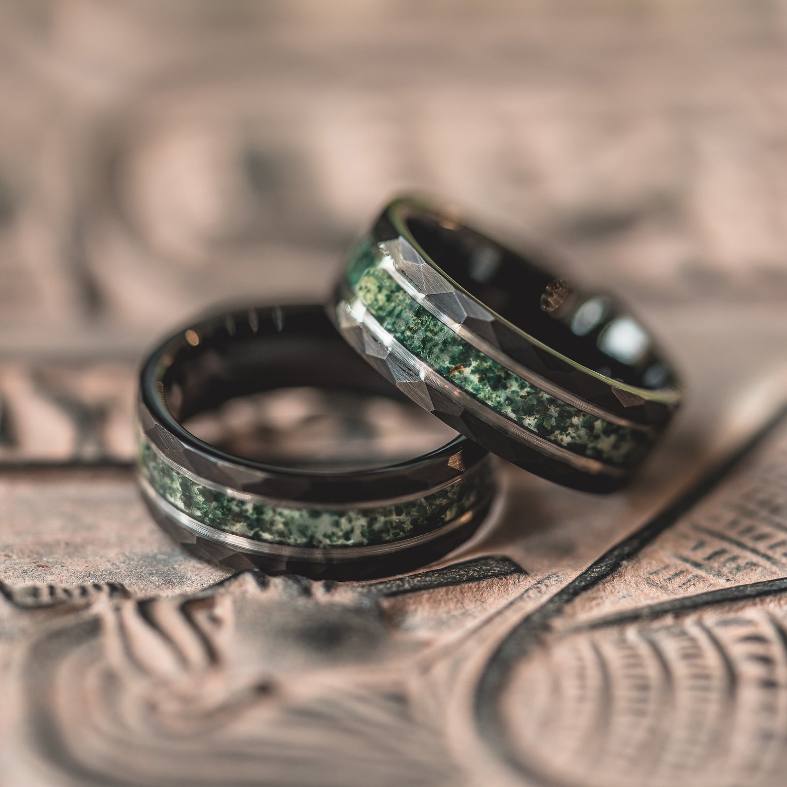 "Verdant Hollow" Moss Agate x Emerald x Black/Silver Tungsten