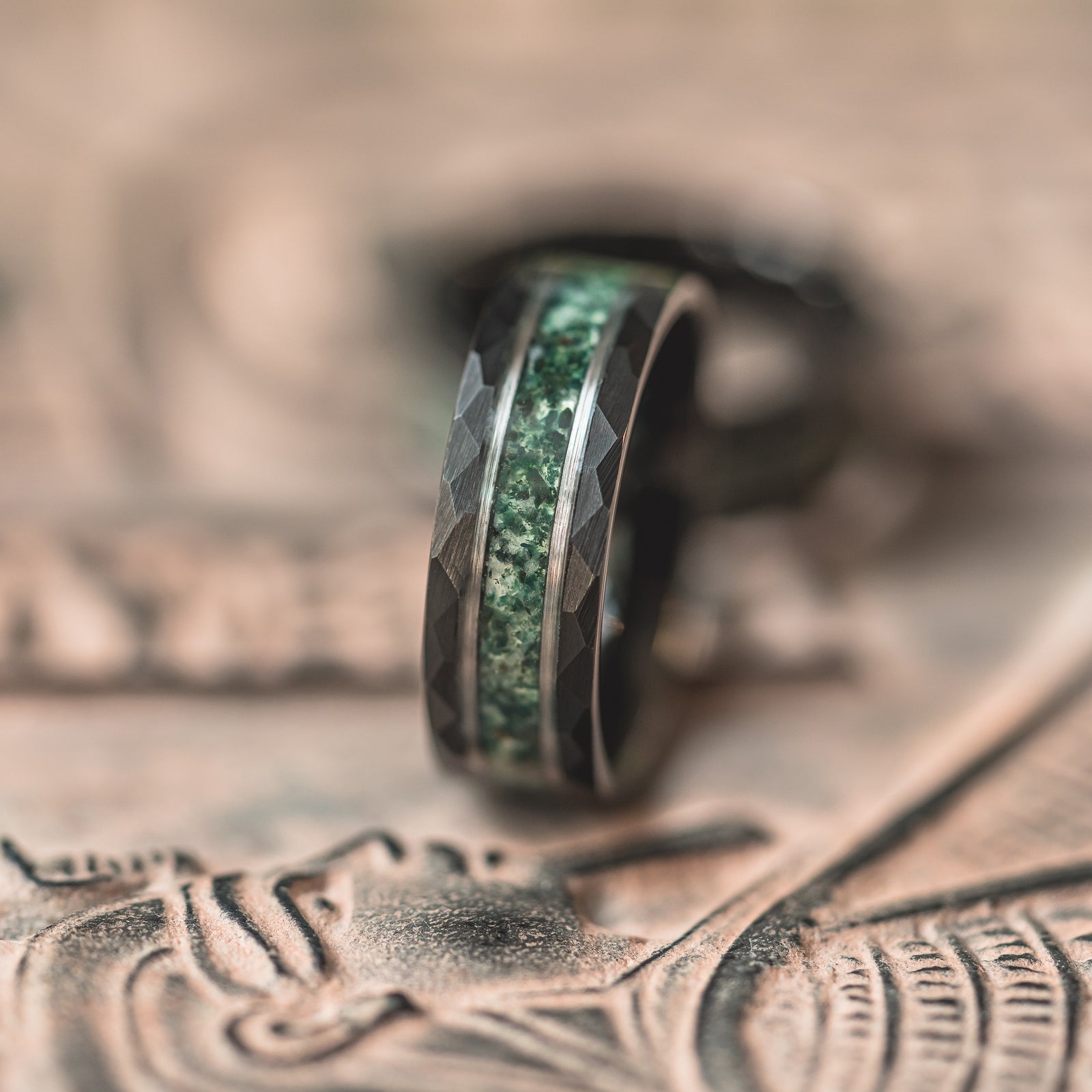 "Verdant Hollow" Moss Agate x Emerald x Black/Silver Tungsten