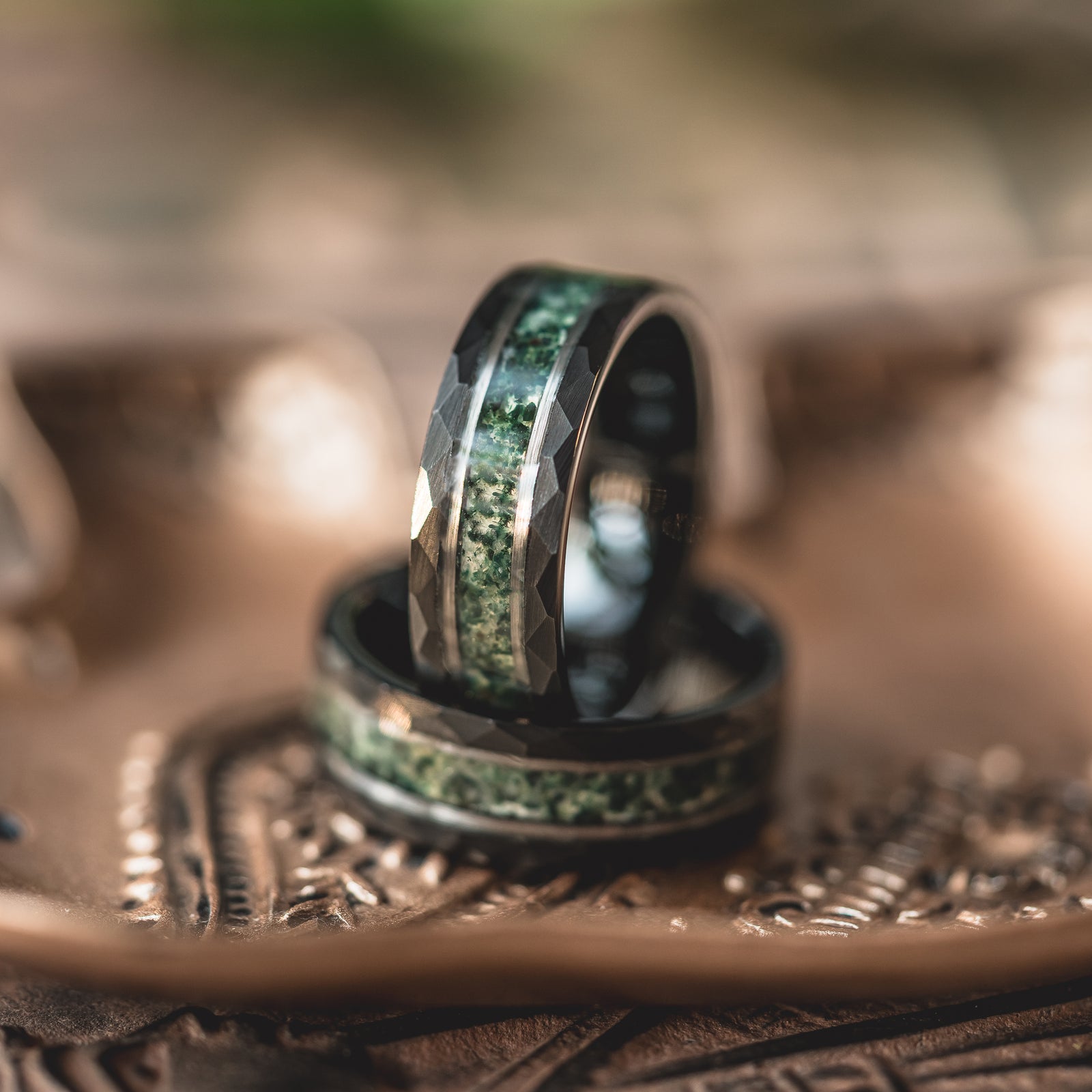 "Verdant Hollow" Moss Agate x Emerald x Black/Silver Tungsten