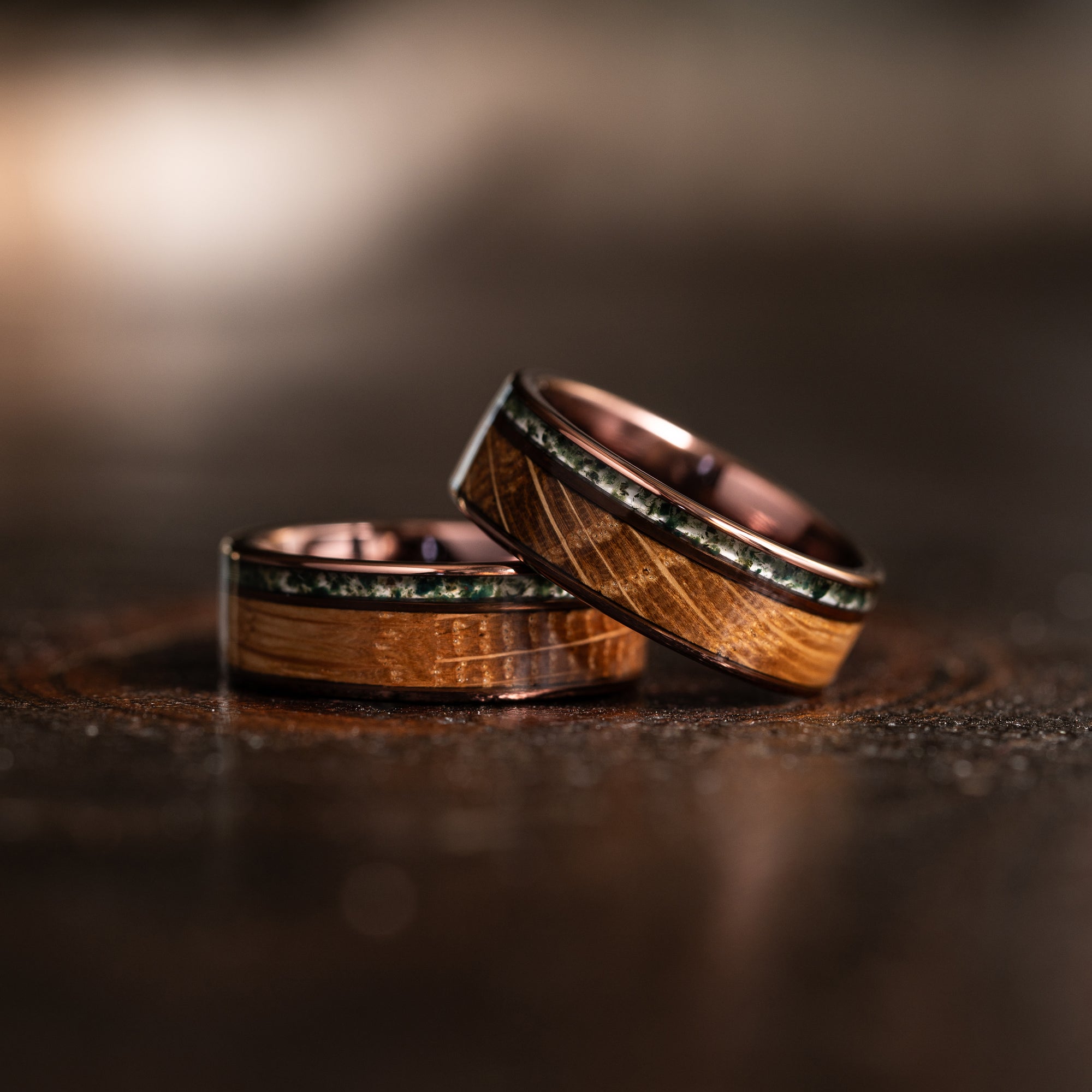 "Atlas"  Whisky Barrel x Moss Agate Smoked Rose Tungsten Ring