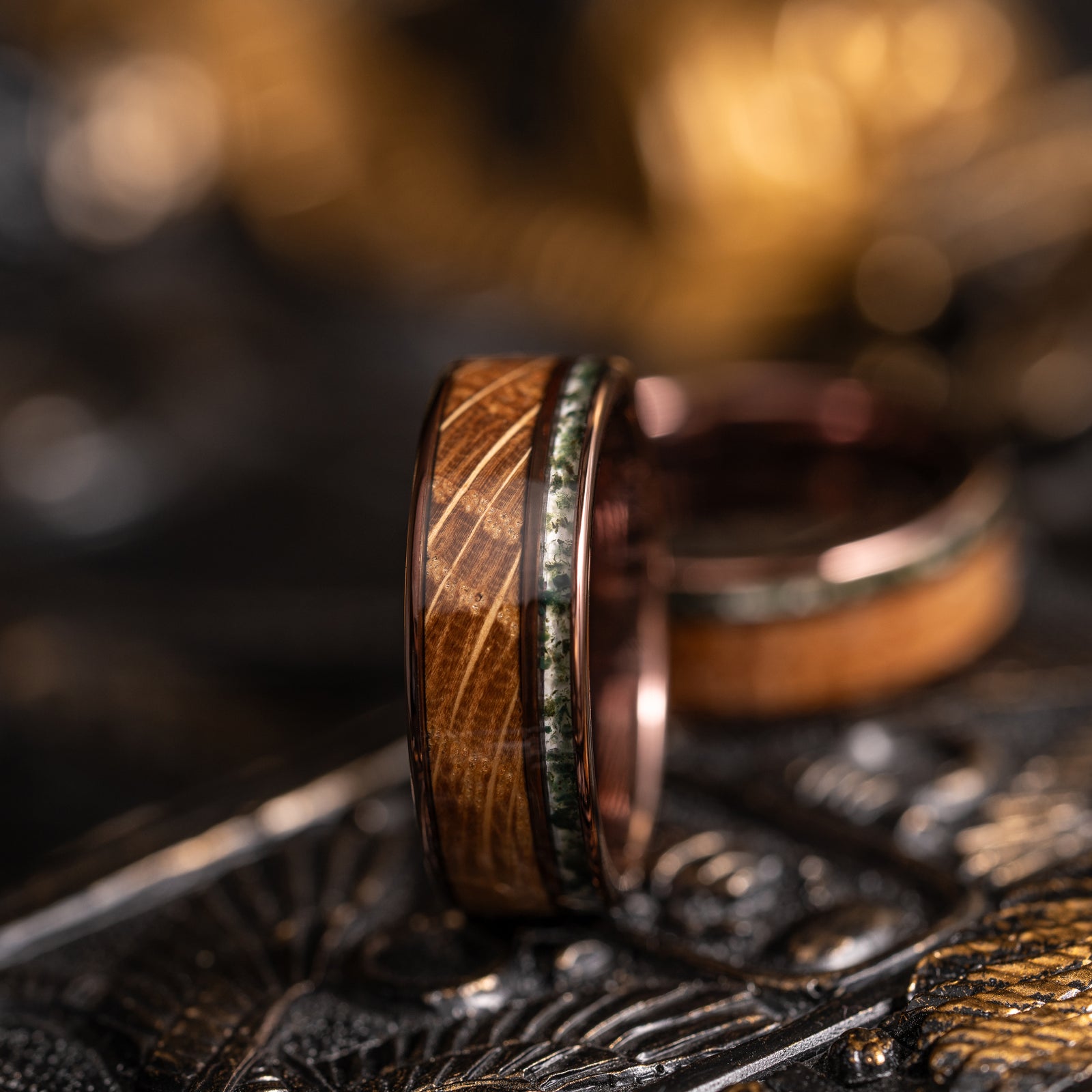 "Atlas" Whisky Barrel x Moss Agate Smoked Rose Tungsten Ring