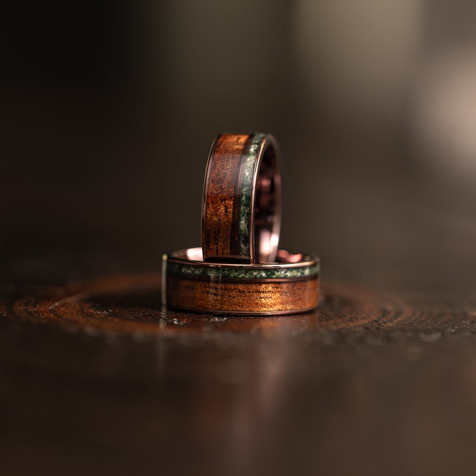 "Atlas" Koa Wood x Moss Agate Smoked Rose Gold Tungsten Ring