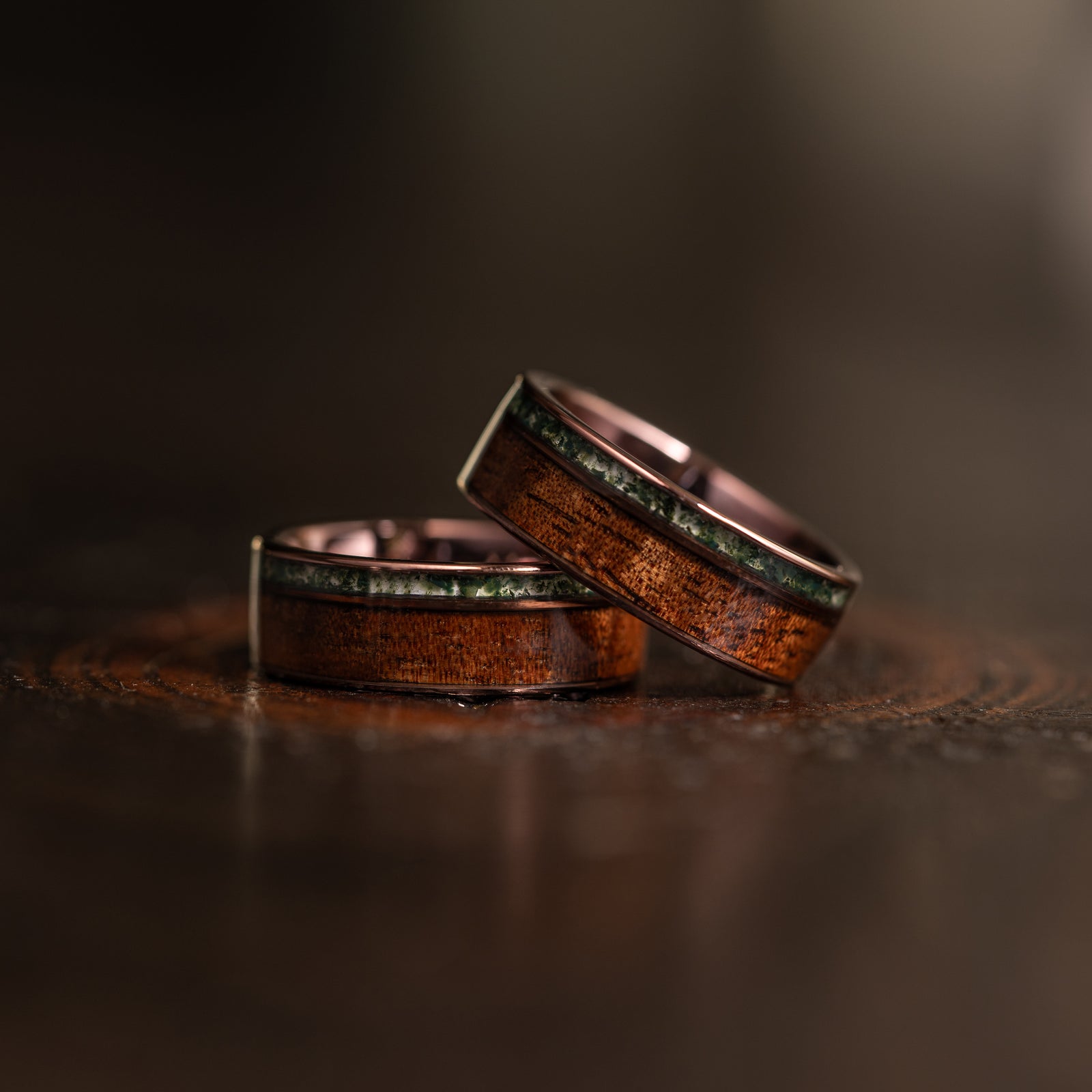 "Atlas" Koa Wood x Moss Agate Smoked Rose Gold Tungsten Ring