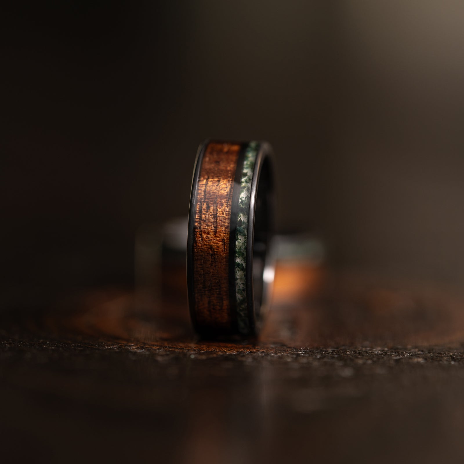 "Atlas" Koa Wood x Moss Agate Black Tungsten Ring