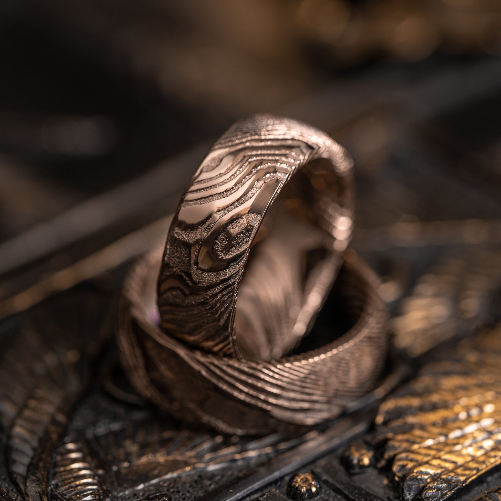 Hammered "Poseidon" Smoked Rose Gold Steel Ring- Full Polish
