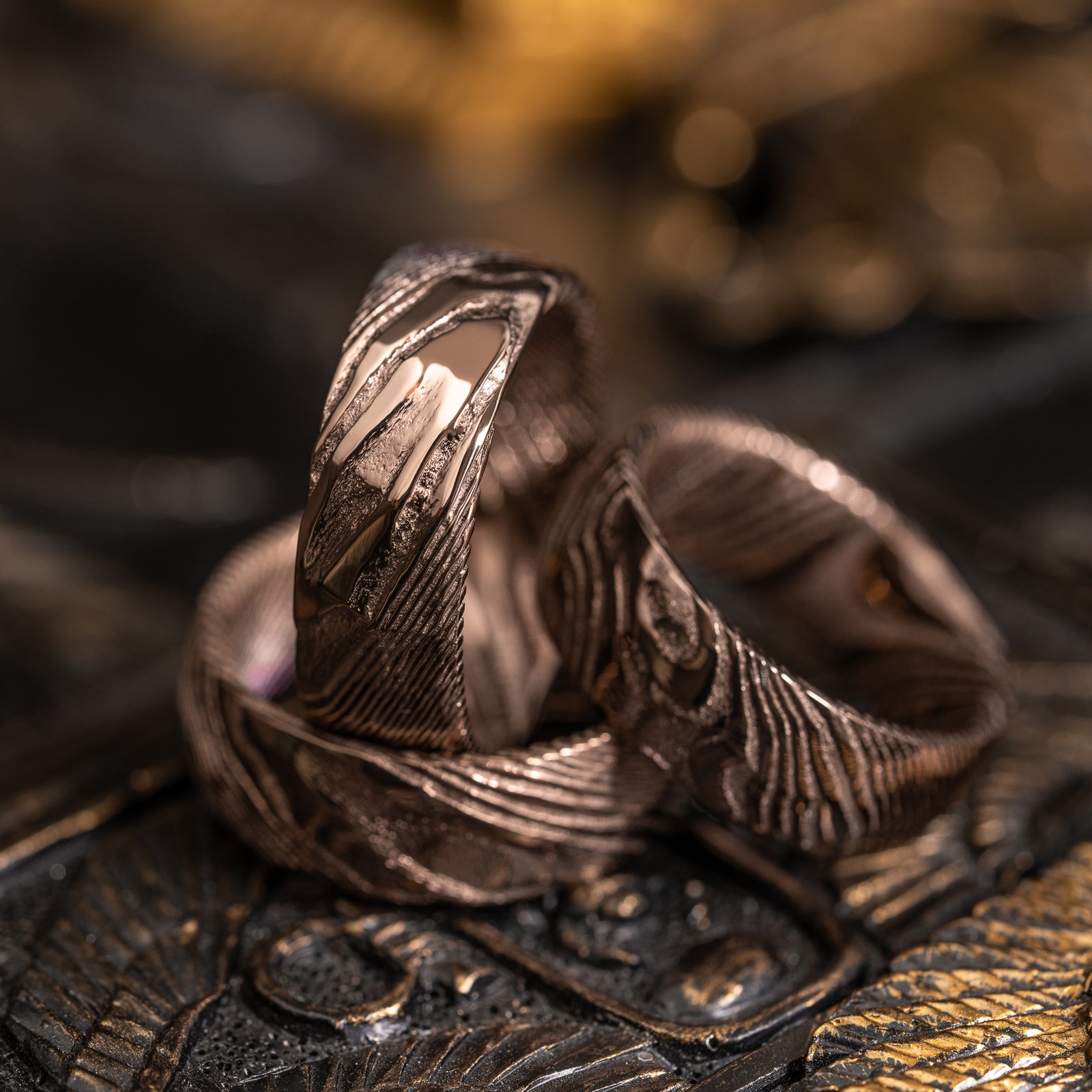 Hammered "Poseidon" Smoked Rose Gold Steel Ring- Full Polish