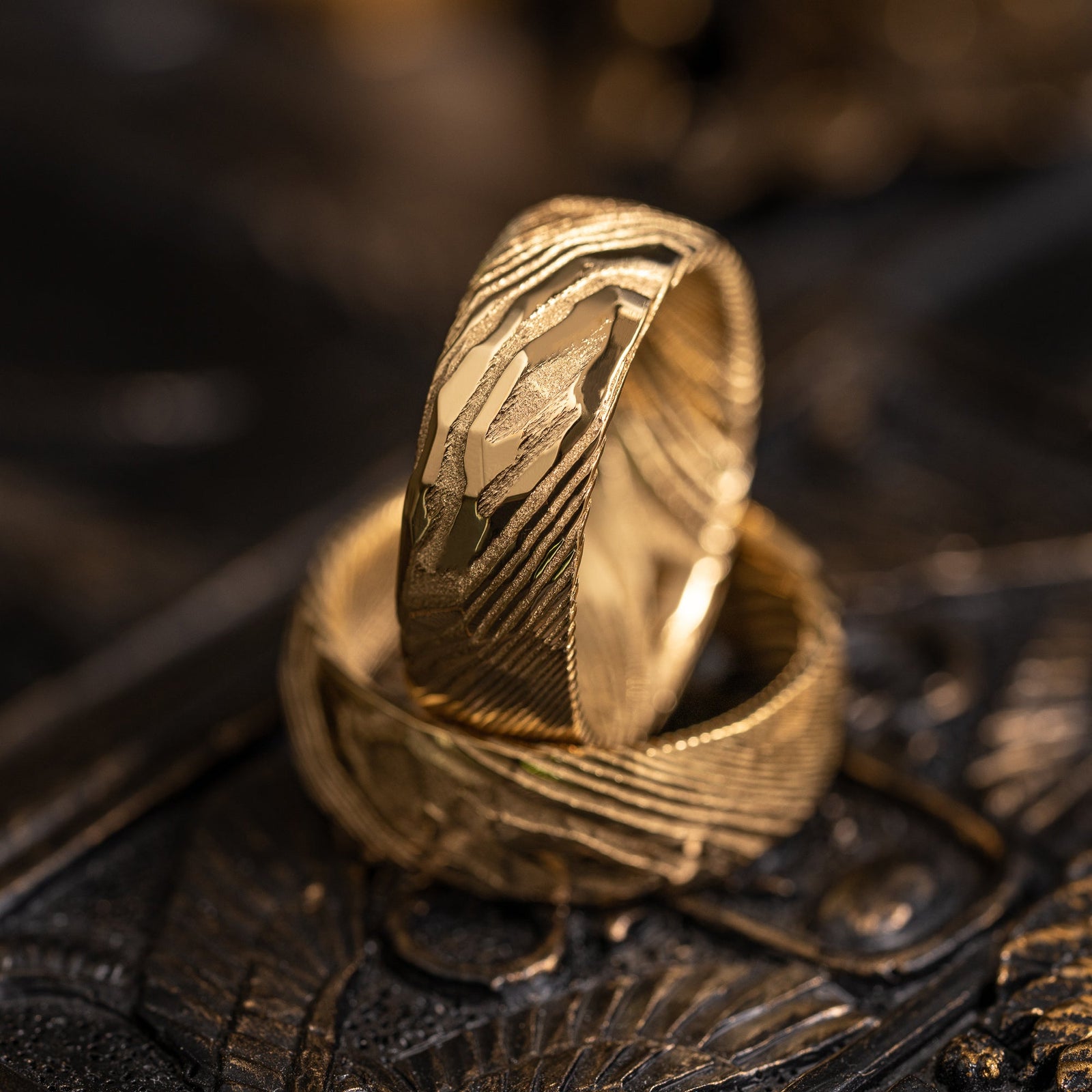 Hammered "Poseidon" Steel Ring- Full Polish Gold Plate