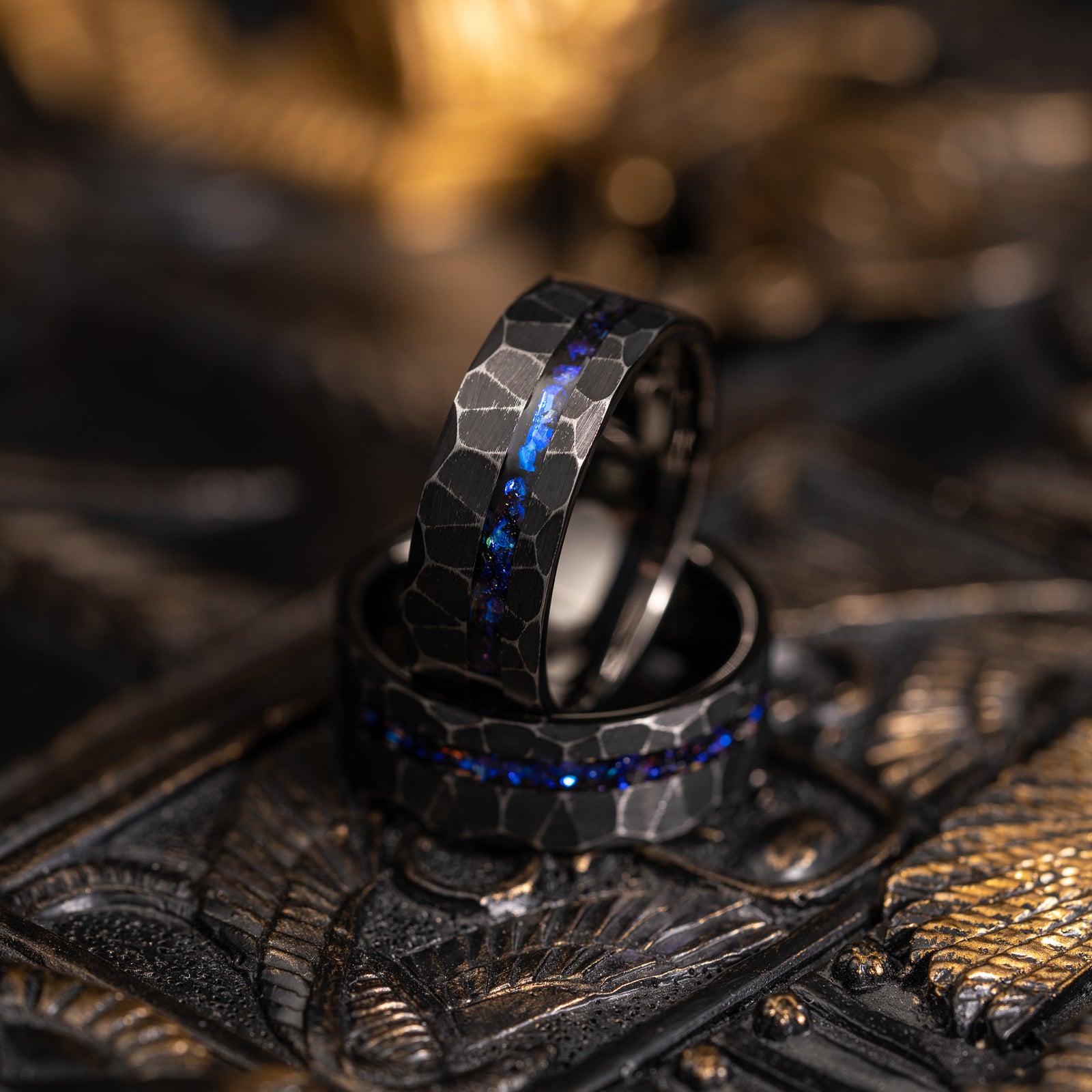 "Zeus" Distressed Hammered Nebula Ring- Opal- Black 8mm