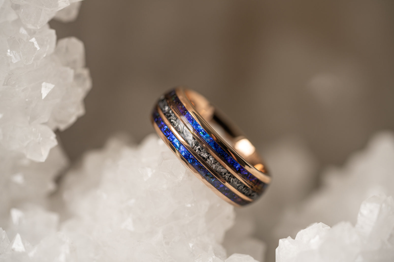 "Dionysus" Domed Nebula Ring- Meteorite and Opal- Rose Gold Tungsten 6mm/8mm