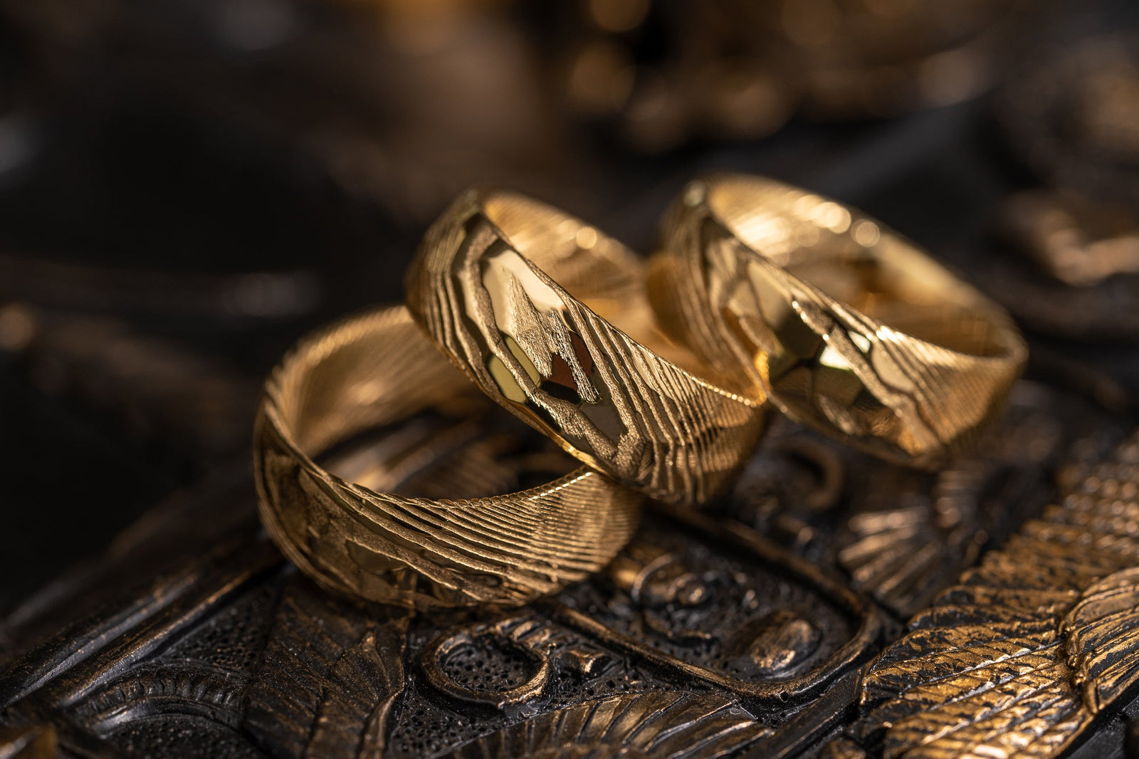 Hammered "Poseidon" Steel Ring- Full Polish Gold Plate