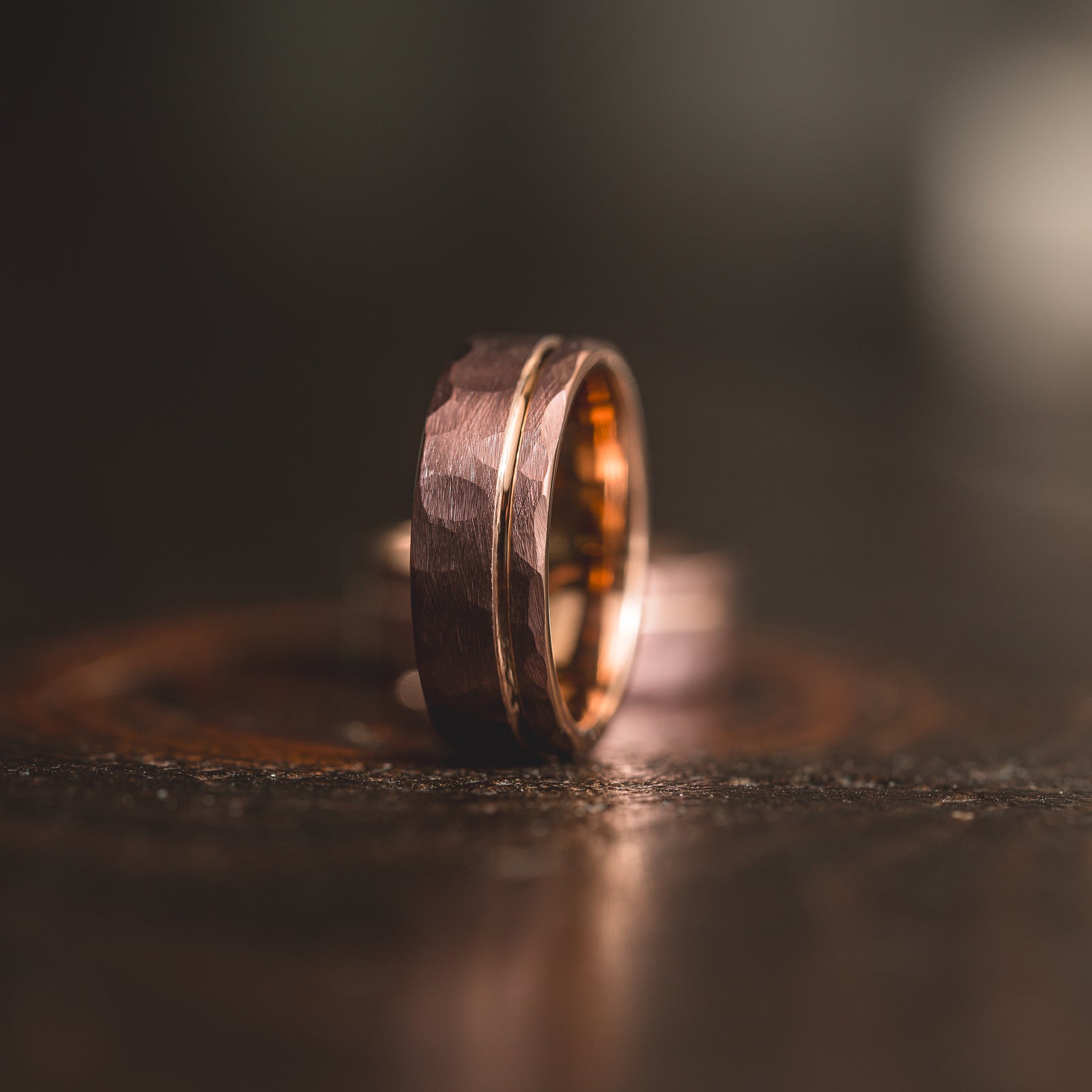 "Hex Forge" Hammered Tungsten Carbide- 8mm- Coffee x Rose Gold