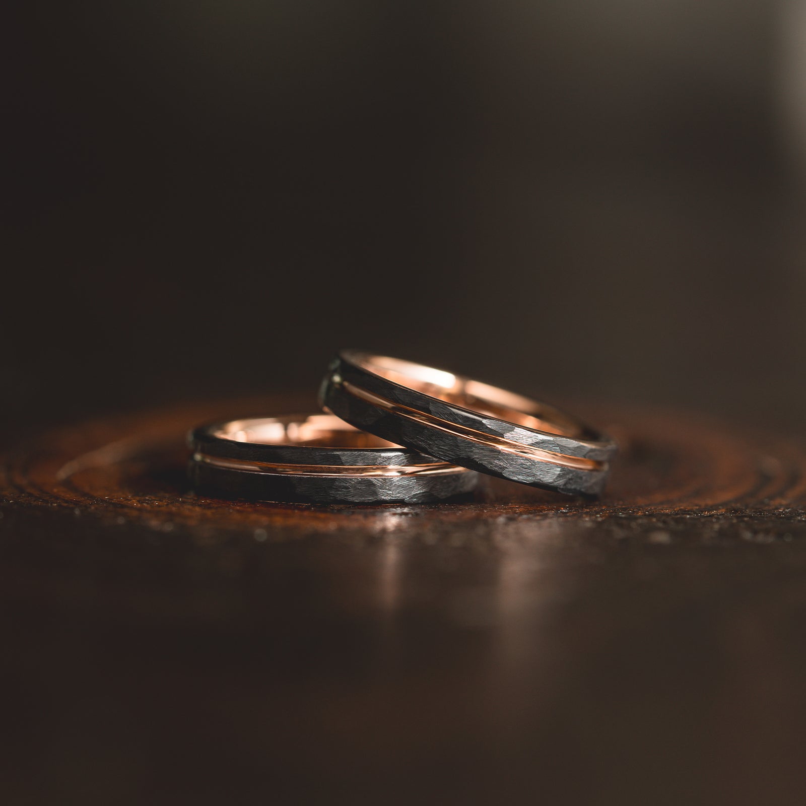 "Hex Forge" Hammered Tungsten Carbide- 4mm Womens- Black x Rose Gold