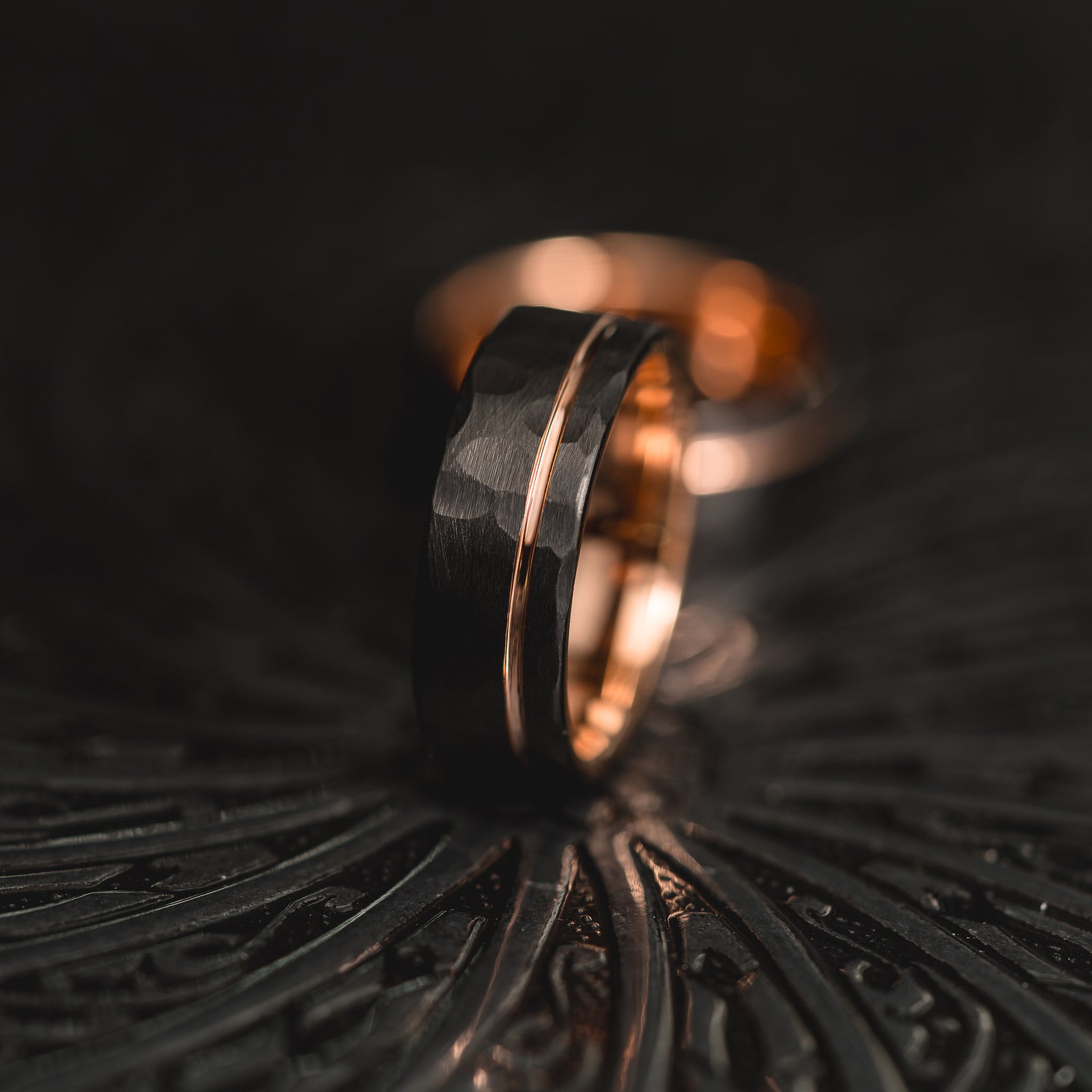 "Hex Forge" Hammered Tungsten Carbide- 8mm- Black x Rose Gold