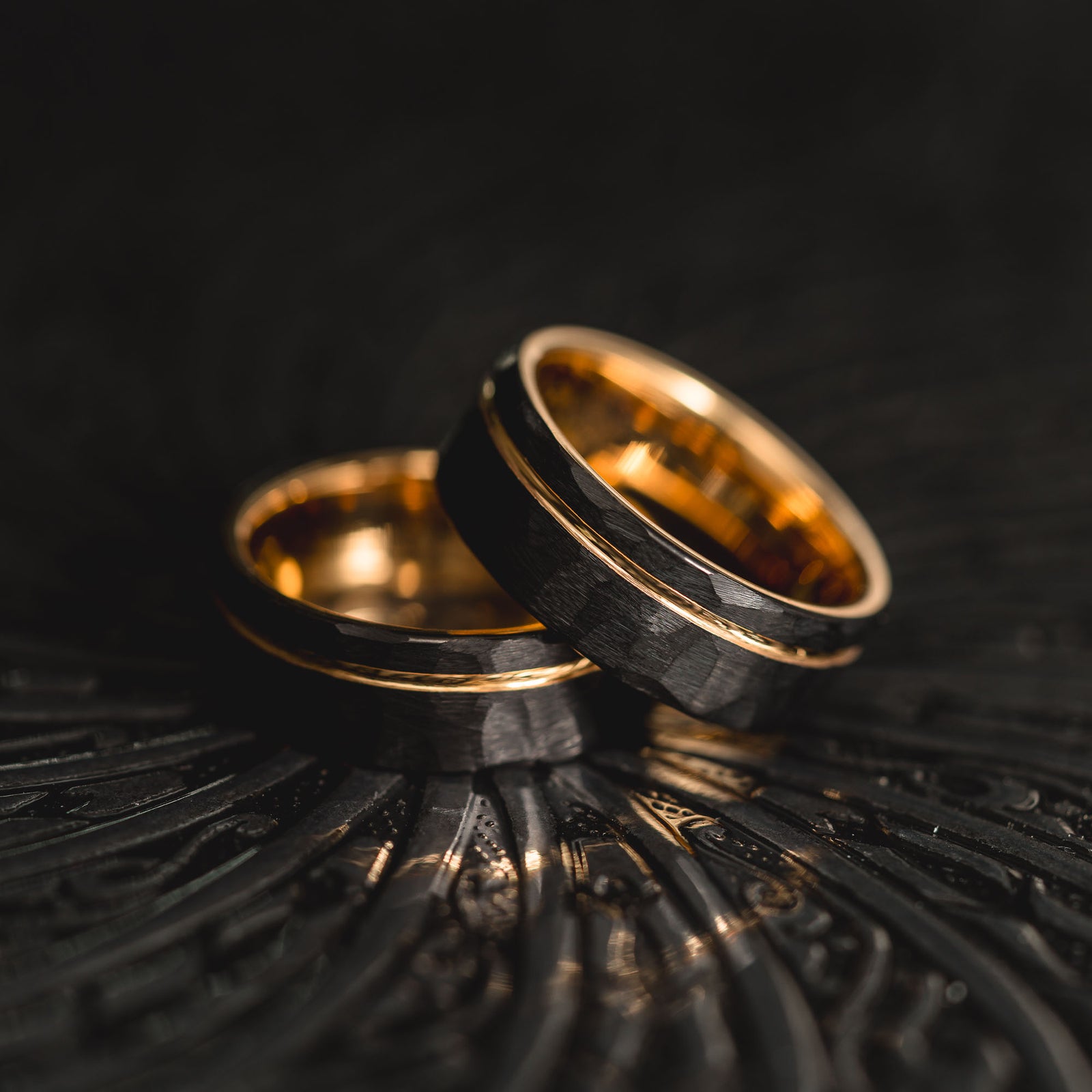 "Hex Forge" Hammered Tungsten Carbide- 8mm- Black x Yellow Gold