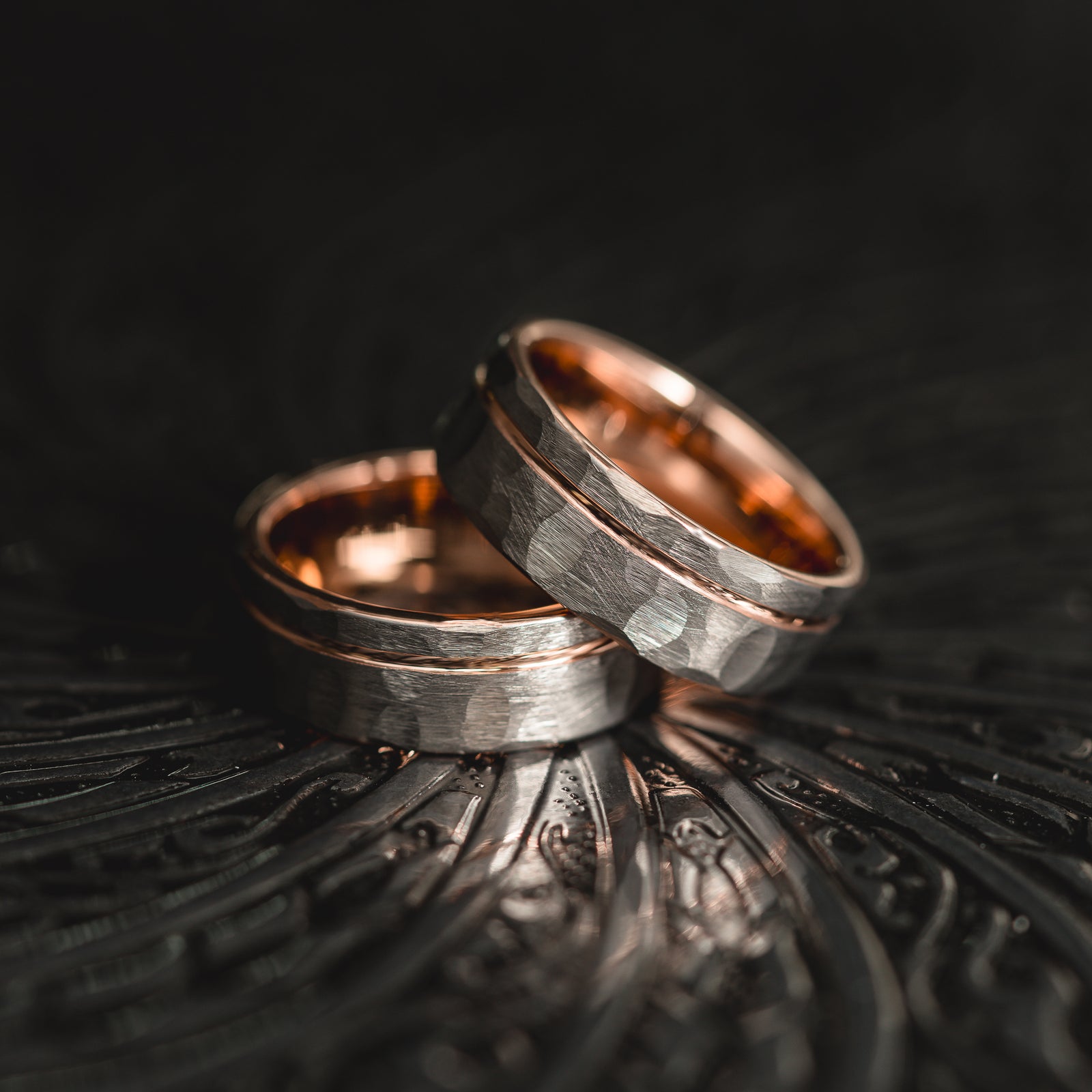 "Hex Forge" Hammered Tungsten Carbide- 8mm- Silver x Rose Gold