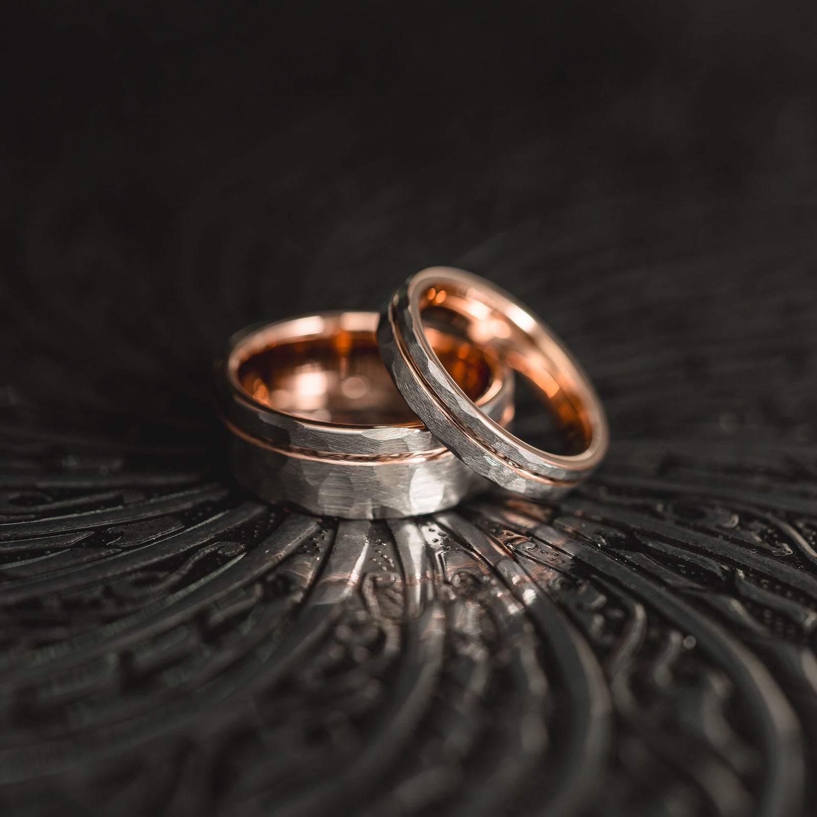 "Hex Forge" Hammered Tungsten Carbide- 4mm Womens- Silver x Rose Gold