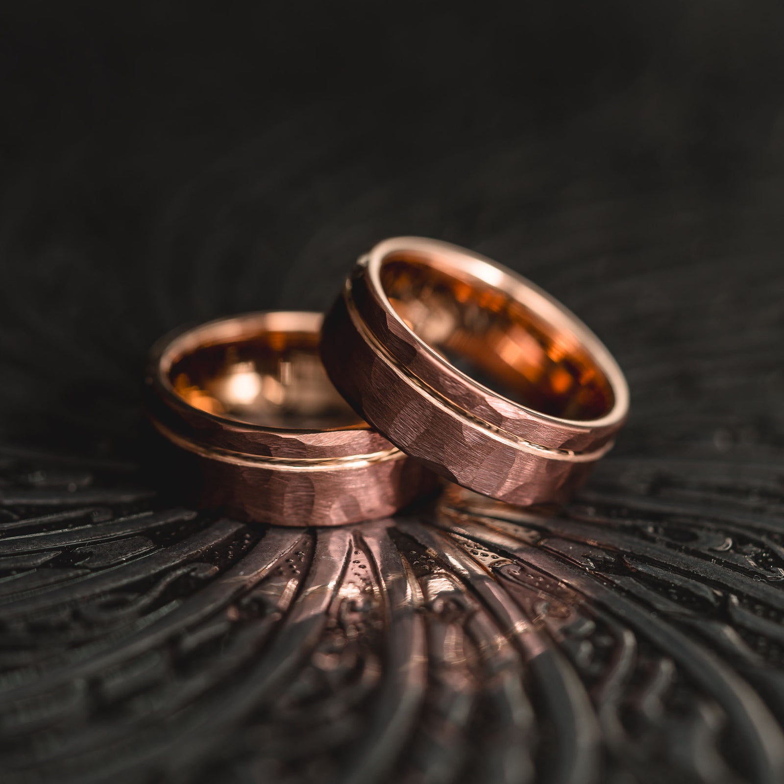 "Hex Forge" Hammered Tungsten Carbide- 8mm- Coffee x Rose Gold