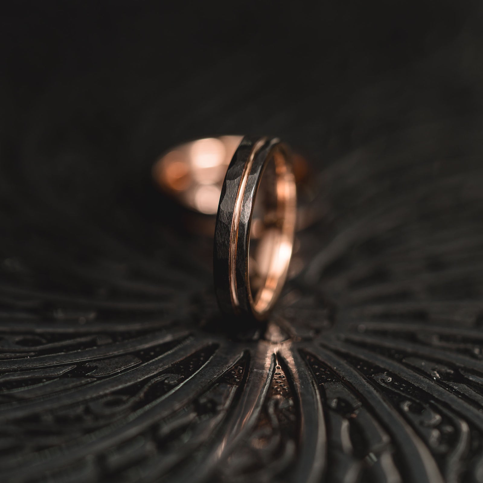 "Hex Forge" Hammered Tungsten Carbide- 4mm Womens- Black x Rose Gold
